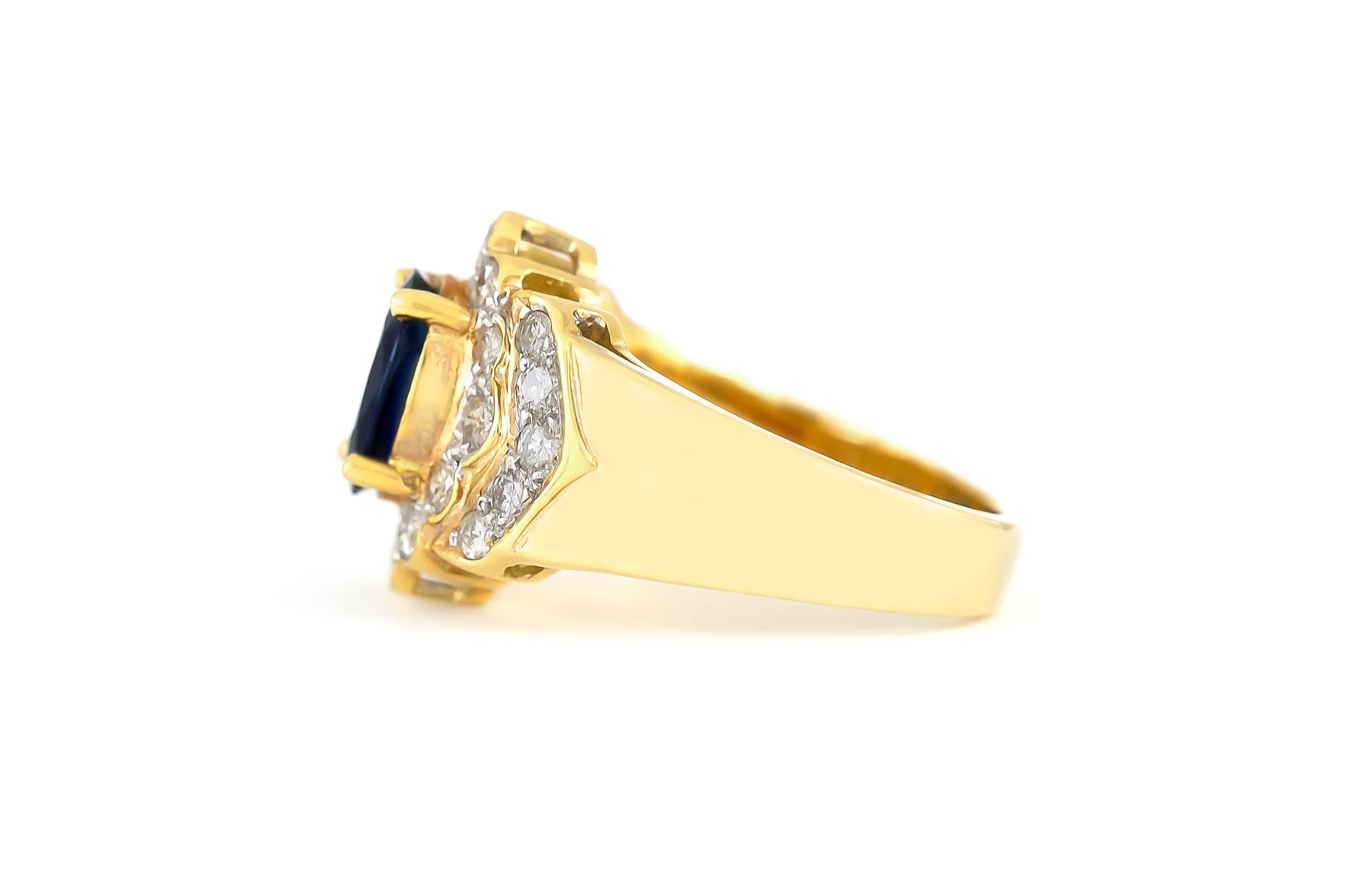 The ring is finely crafted in 14k yellow gold with center sapphire weighing approximately total of 1.94 carat and diamonds weighing approximately total of 0.64 carat.
Circa 1970.