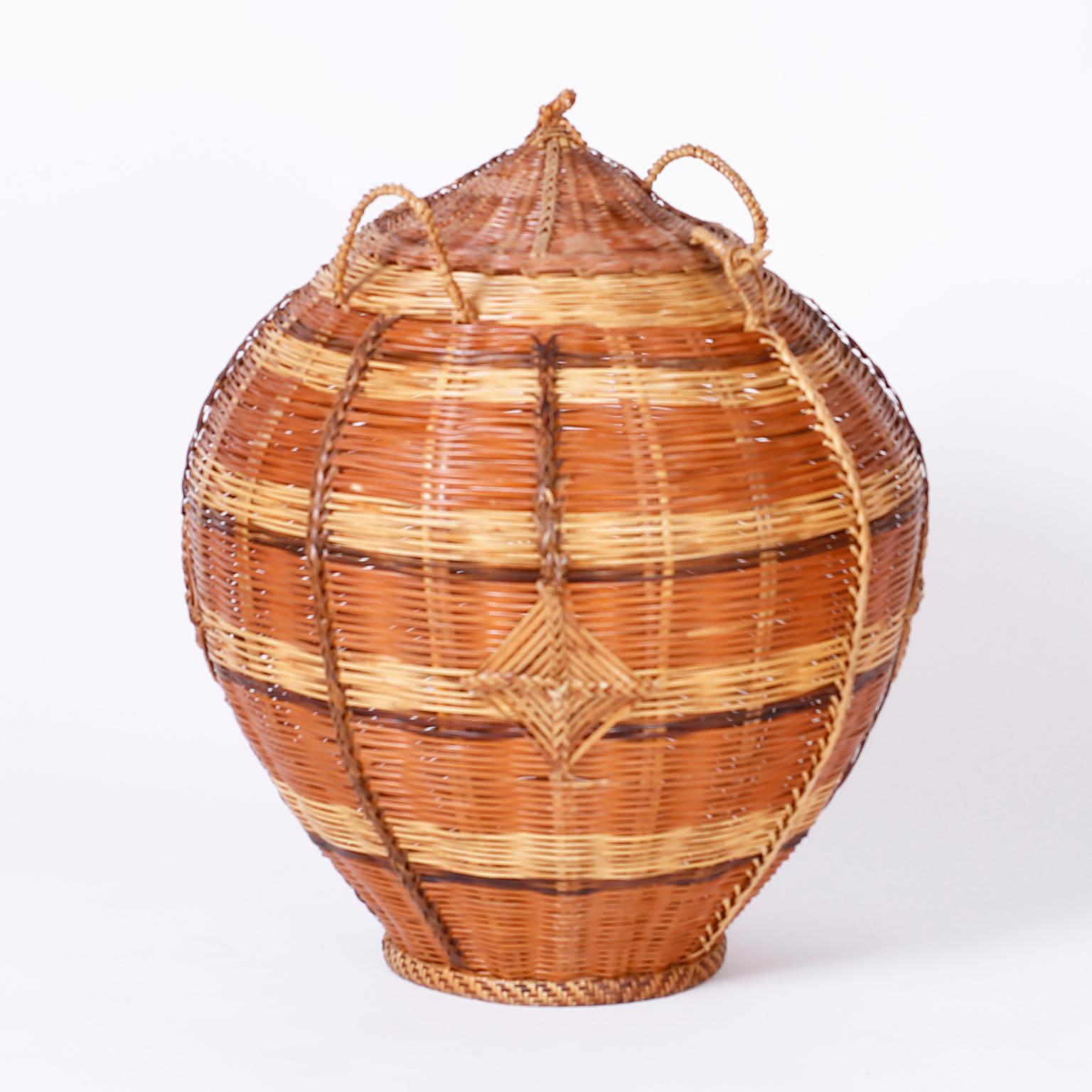 Anglo-Indian Two Lidded Woven Reed Baskets