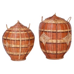 Retro Two Lidded Woven Reed Baskets