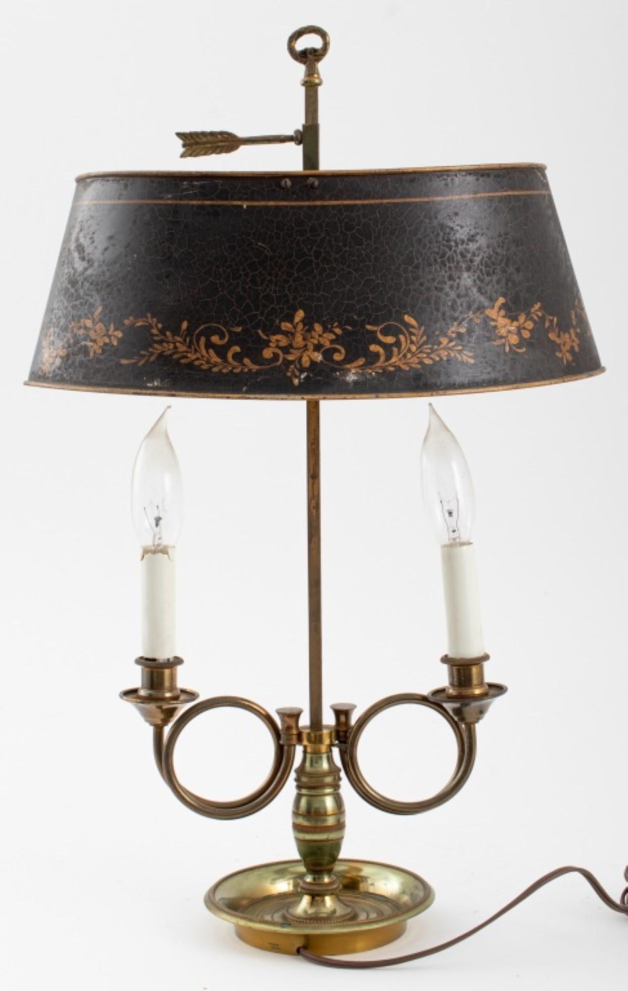 Two-Light Bouillotte Brass Lamp with French Horn Style Arms and Painted Tole Shade

This elegant lamp is crafted from polished brass and features two graceful arms that resemble French horns. The arms support a beautifully painted tole shade that