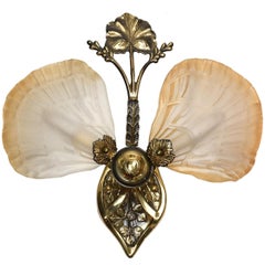 Two Light Leafy Brass Sconce with Shell Shades