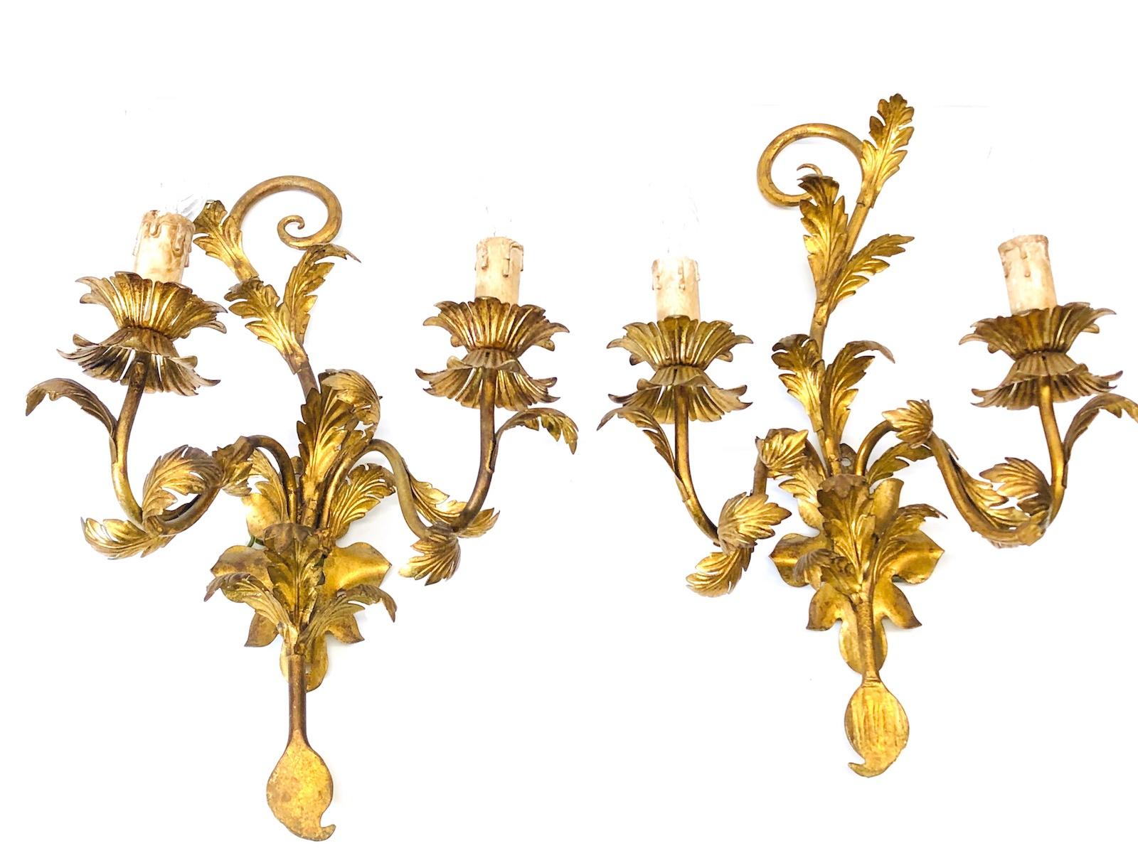 Two-Light Pair of Floral Tole Sconces Gilded Metal, Koegel Kogl Leuchten, 1960s 5
