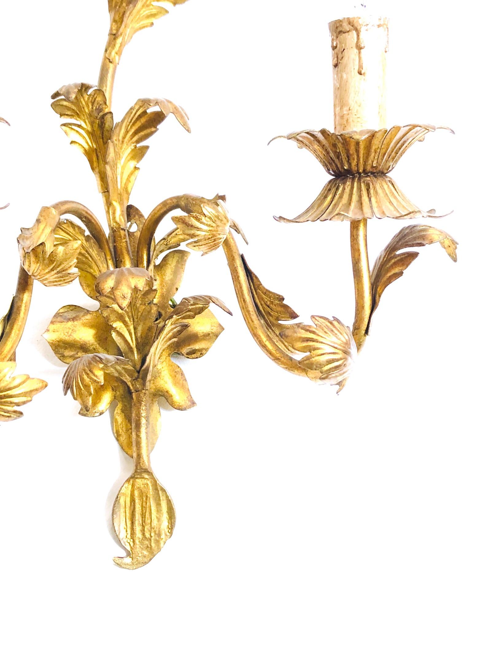 Two-Light Pair of Floral Tole Sconces Gilded Metal, Koegel Kogl Leuchten, 1960s 2