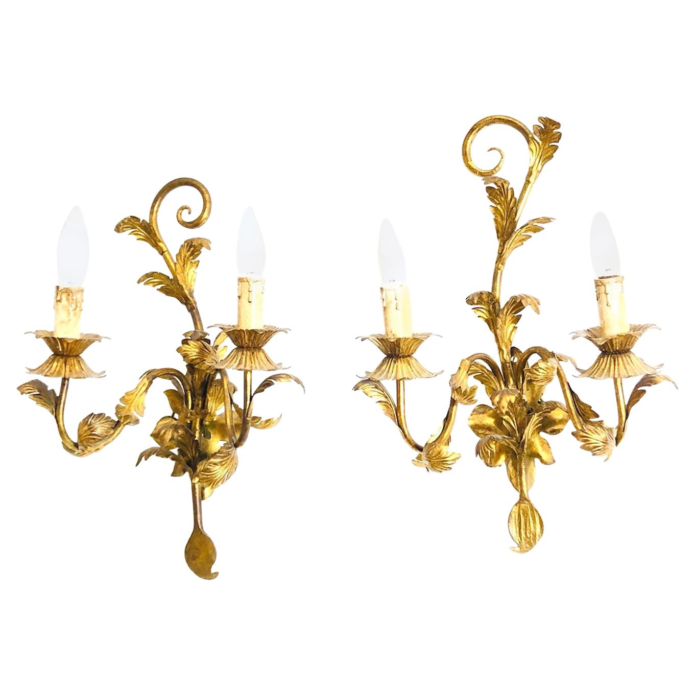 Two-Light Pair of Floral Tole Sconces Gilded Metal, Koegel Kogl Leuchten, 1960s