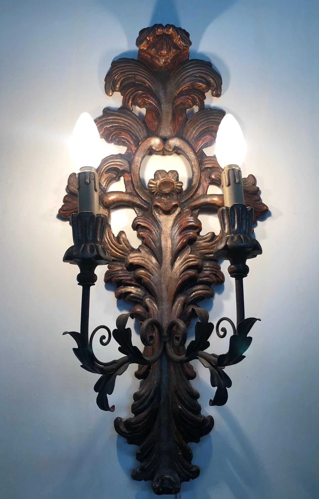Mid-Century Modern Two-Light Sconces Brown Carved Wood from Italy Tuscany For Sale