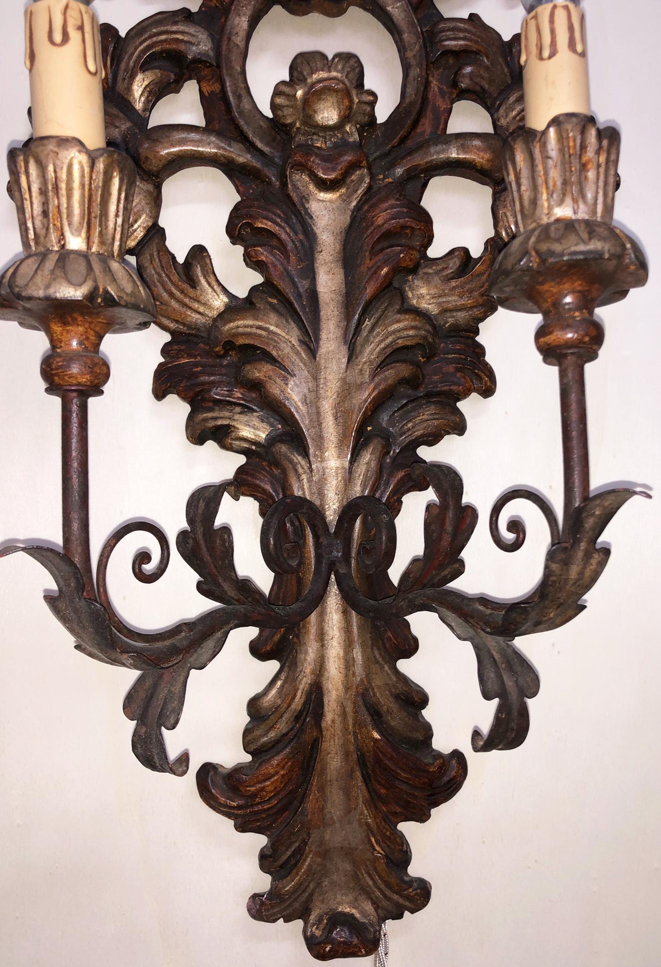 Mid-20th Century Two-Light Sconces Brown Carved Wood from Italy Tuscany For Sale