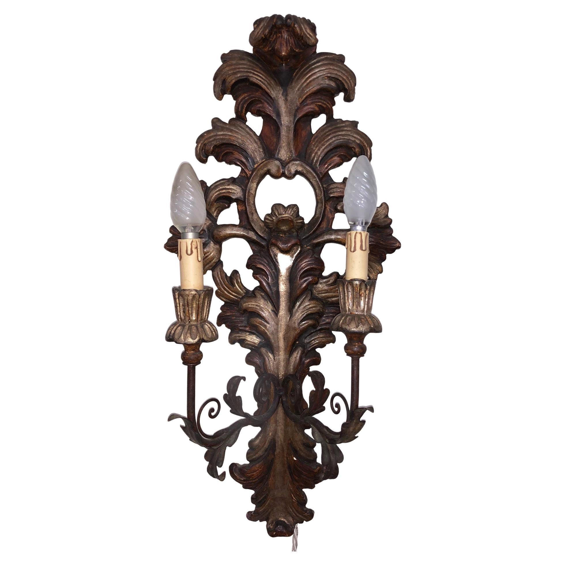 Two-Light Sconces Brown Carved Wood from Italy Tuscany For Sale
