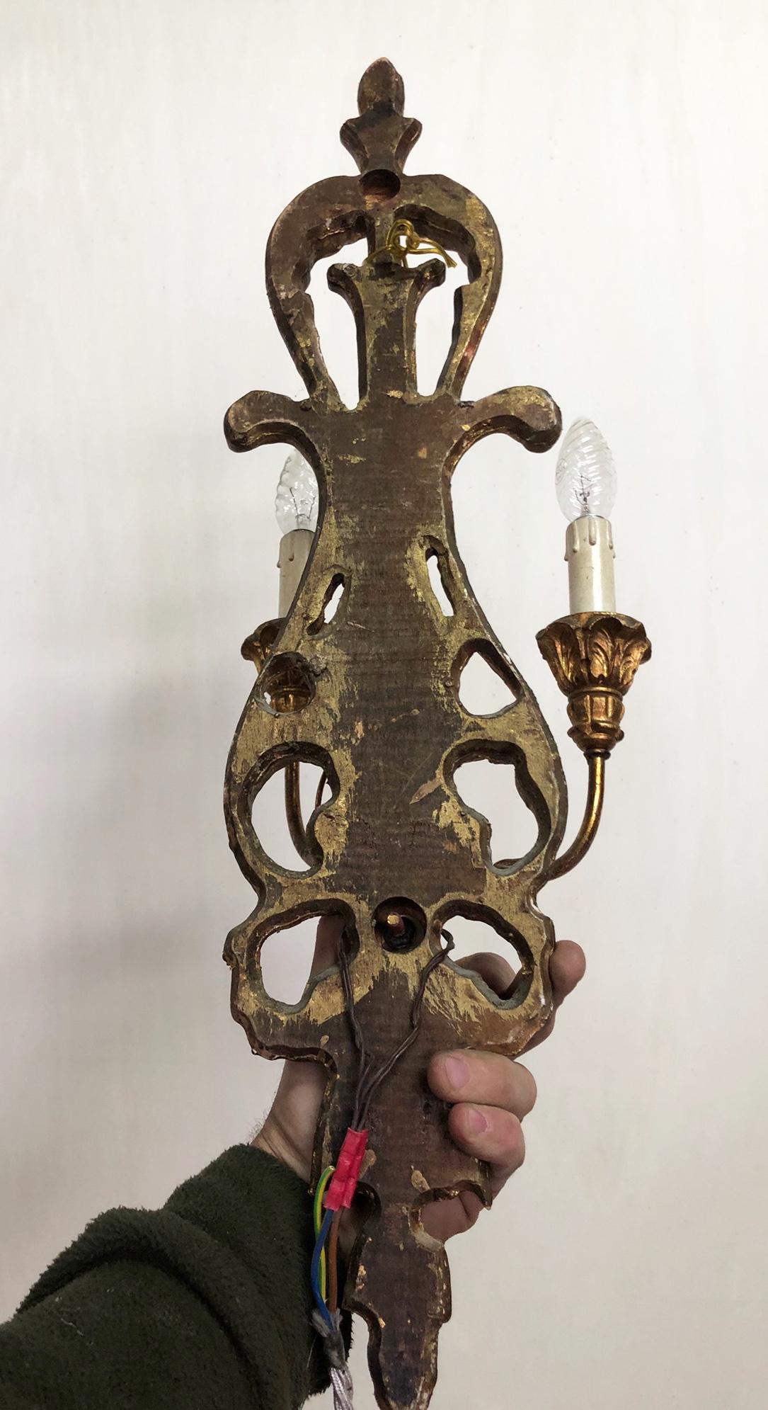 Mid-Century Modern Two-Light Sconces Carved Wood Gold Color from Italy Tuscany For Sale