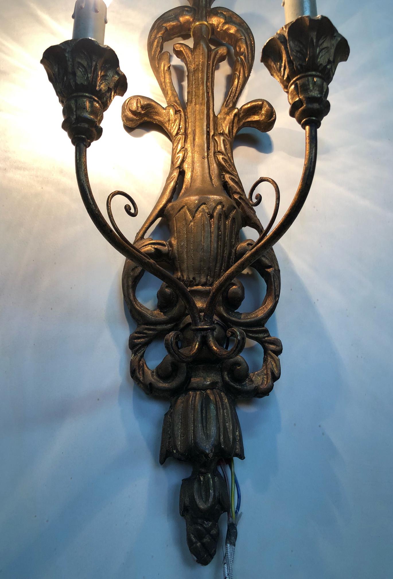 Italian Two-Light Sconces Carved Wood Gold Color from Italy Tuscany For Sale