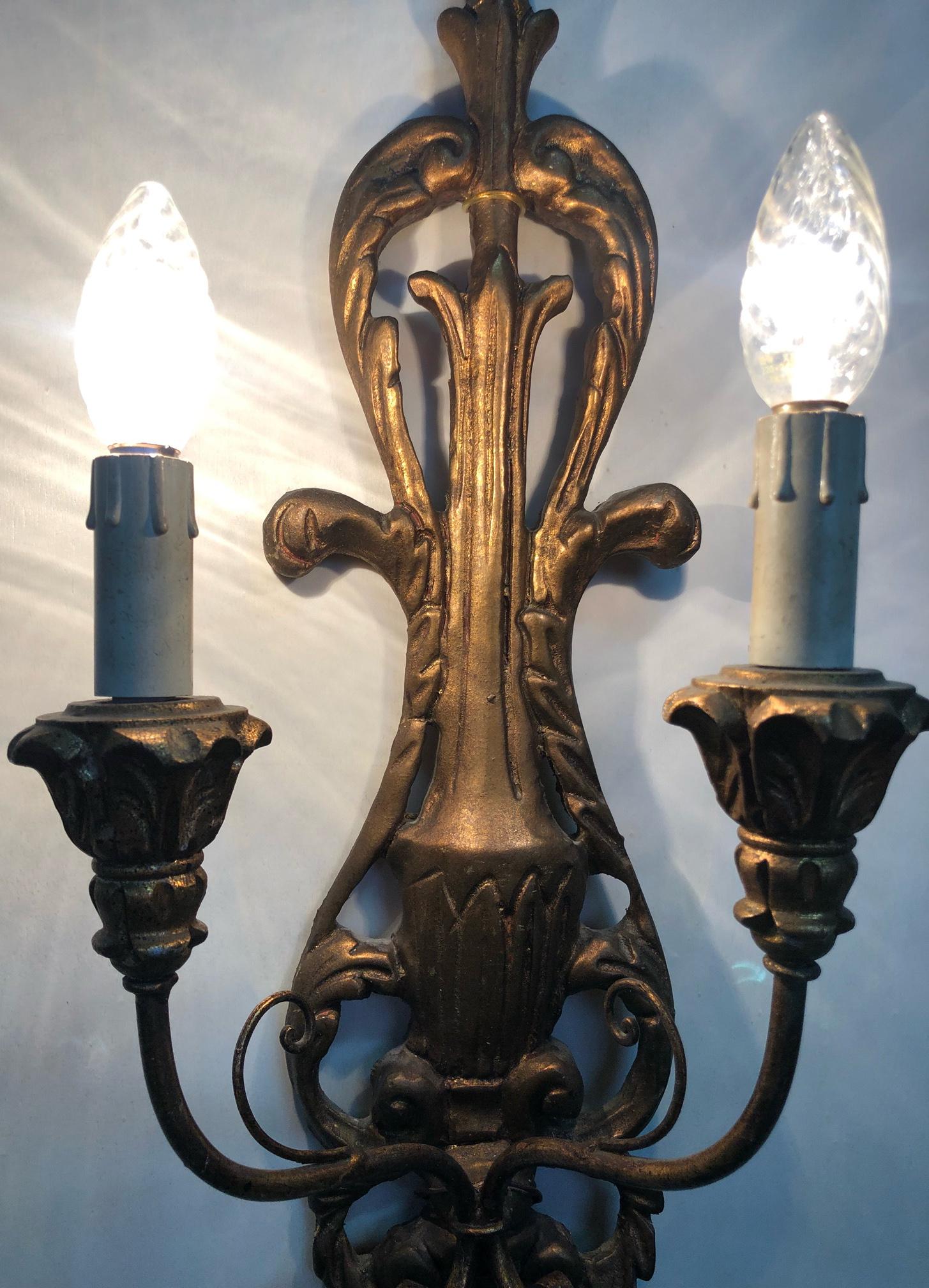 Two-Light Sconces Carved Wood Gold Color from Italy Tuscany In Good Condition For Sale In Buggiano, IT