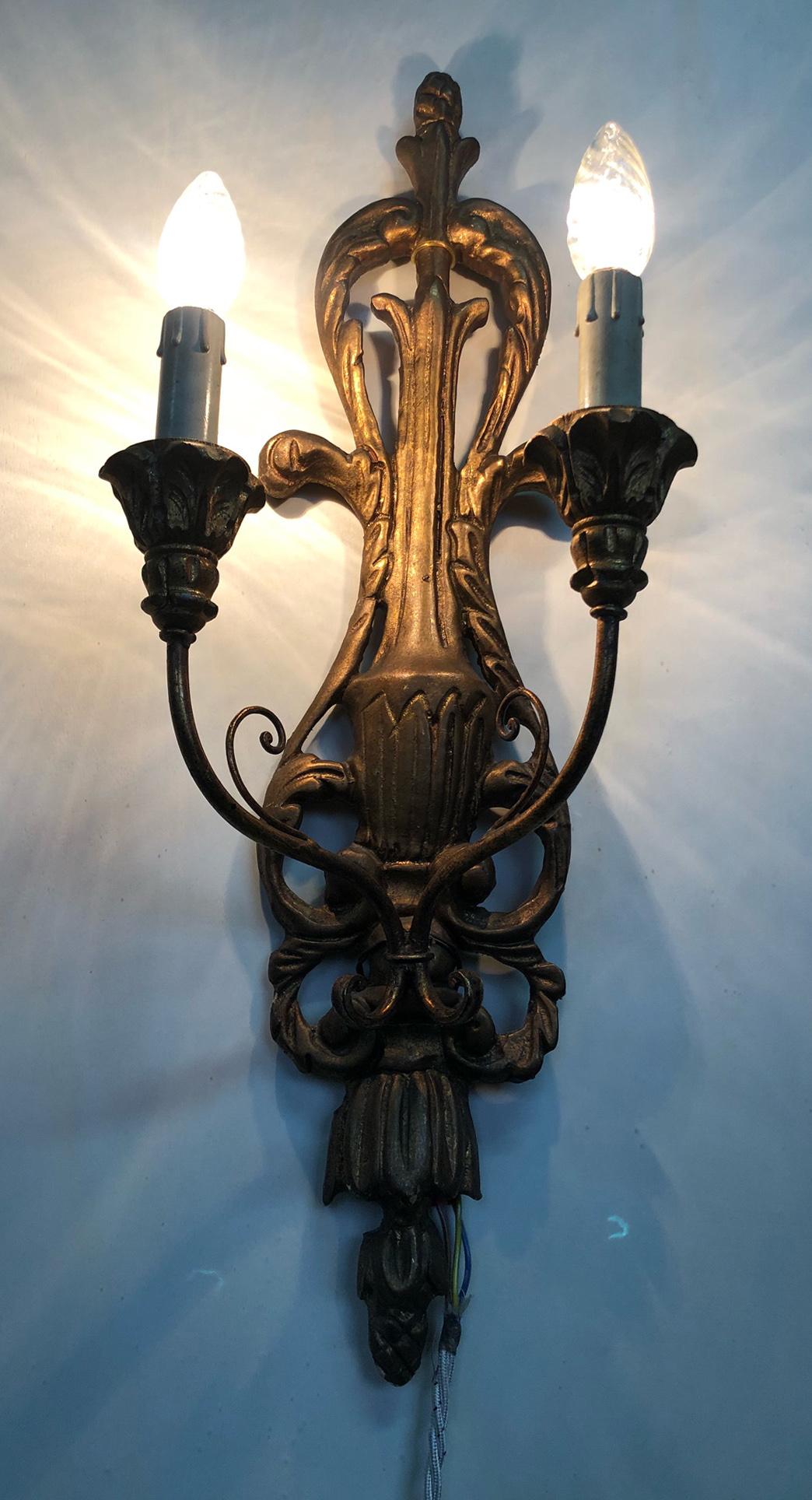 Mid-20th Century Two-Light Sconces Carved Wood Gold Color from Italy Tuscany For Sale