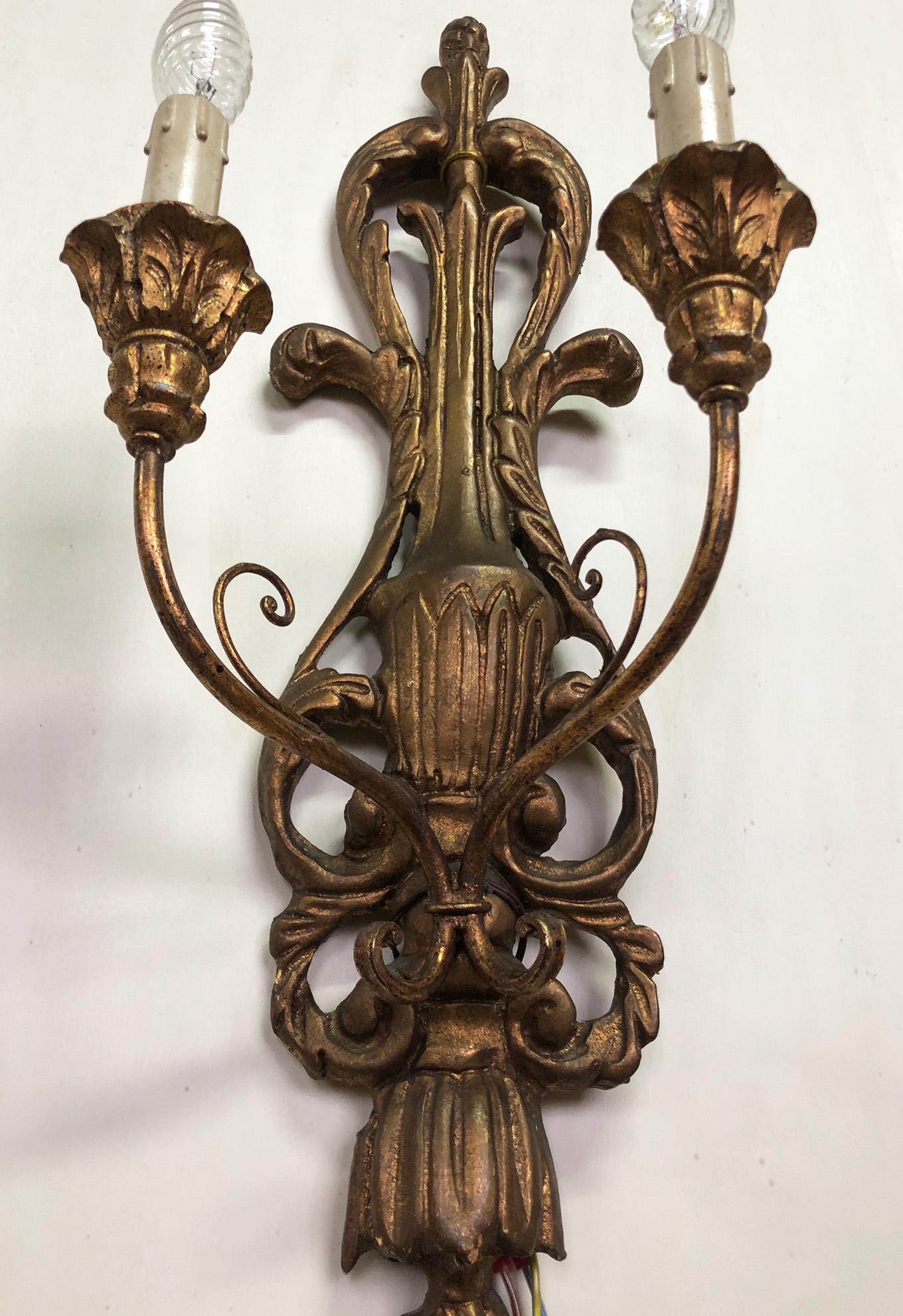 Two-Light Sconces Carved Wood Gold Color from Italy Tuscany For Sale 1
