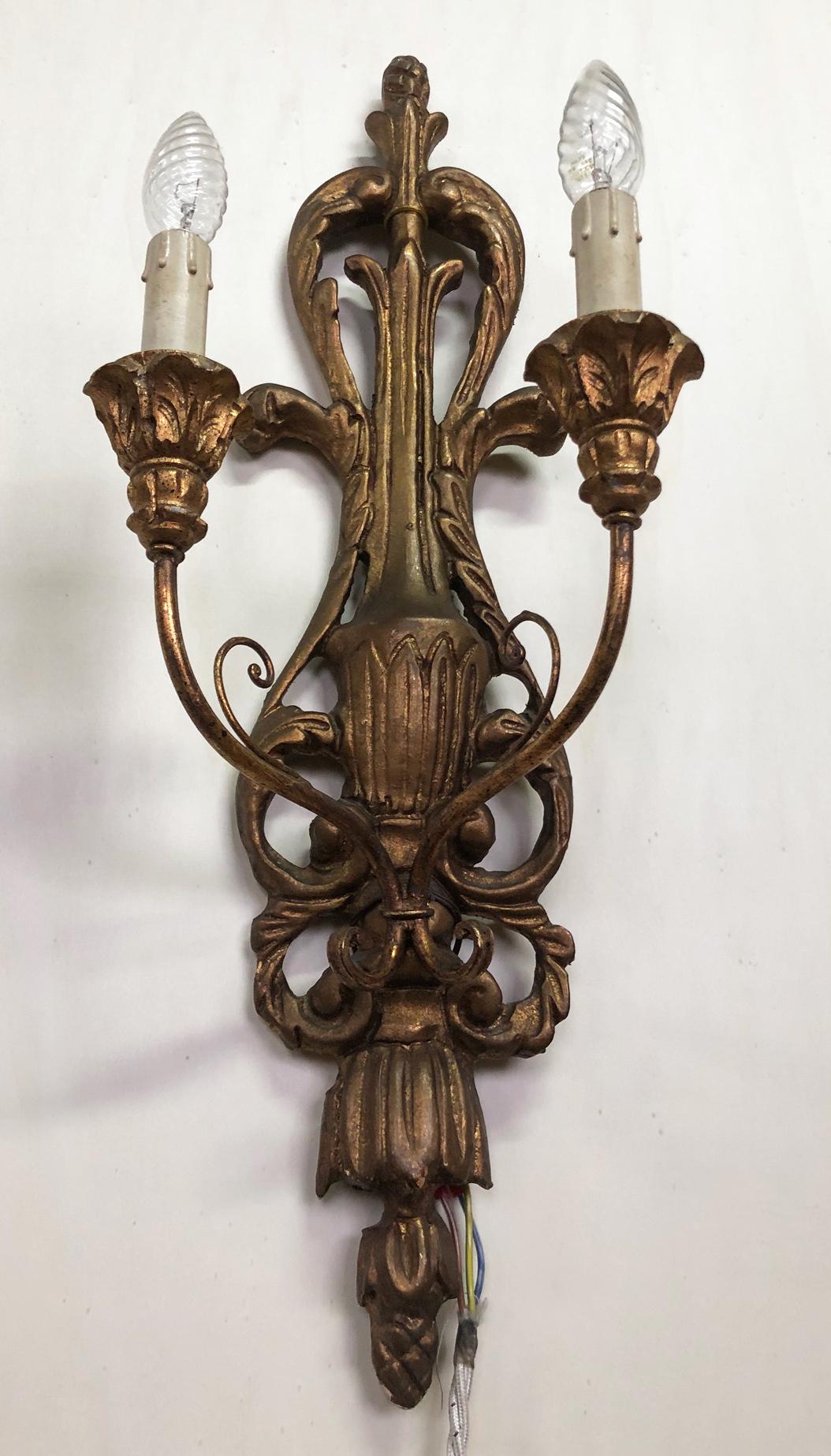 Two-Light Sconces Carved Wood Gold Color from Italy Tuscany For Sale 2