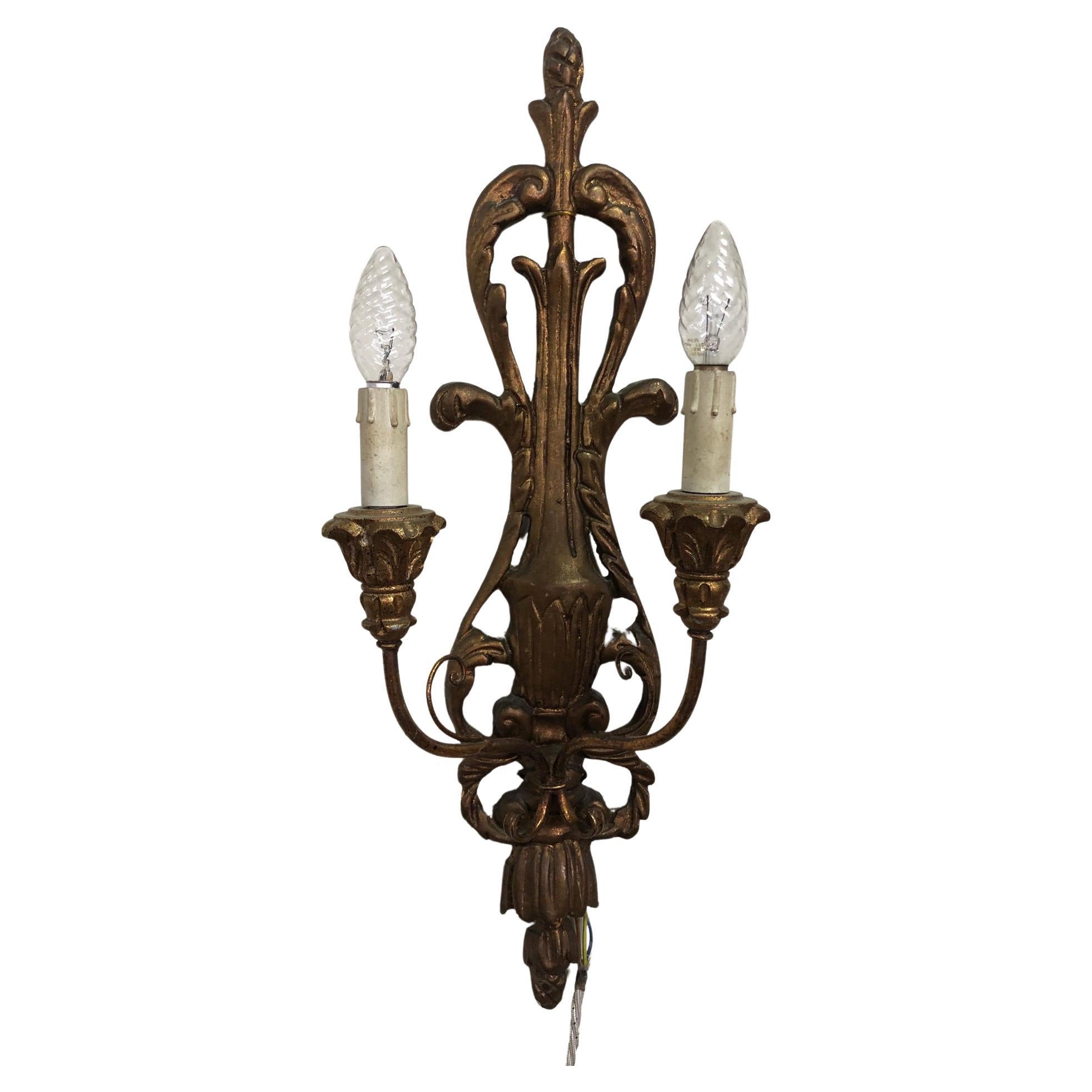 Two-Light Sconces Carved Wood Gold Color from Italy Tuscany For Sale