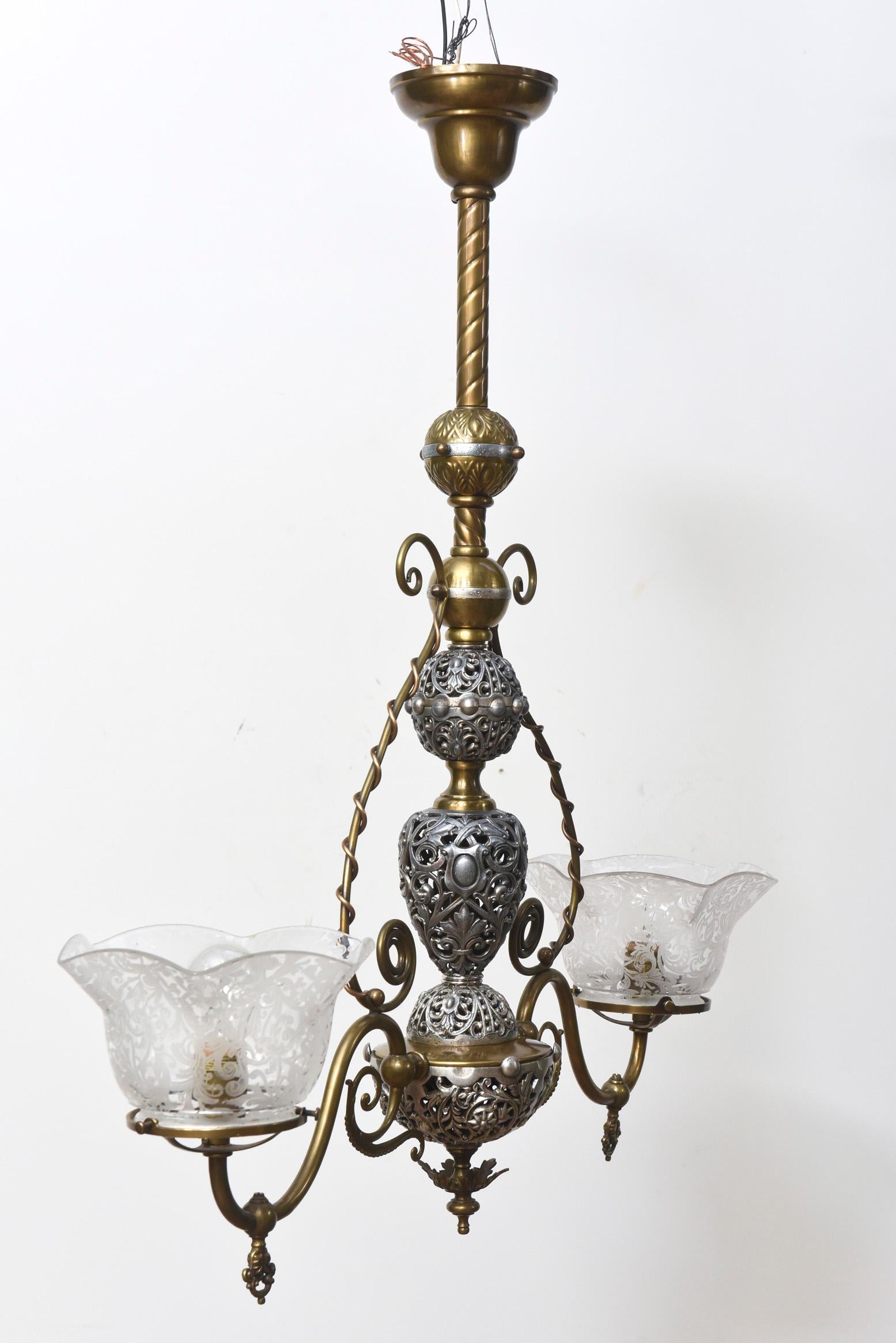 Two Light Victorian Brass and Nickel Fixture 1