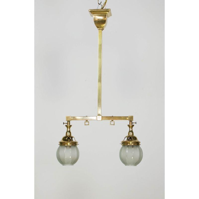 American Two Light Welsbach Gas Chandelier with Original Round Shades For Sale