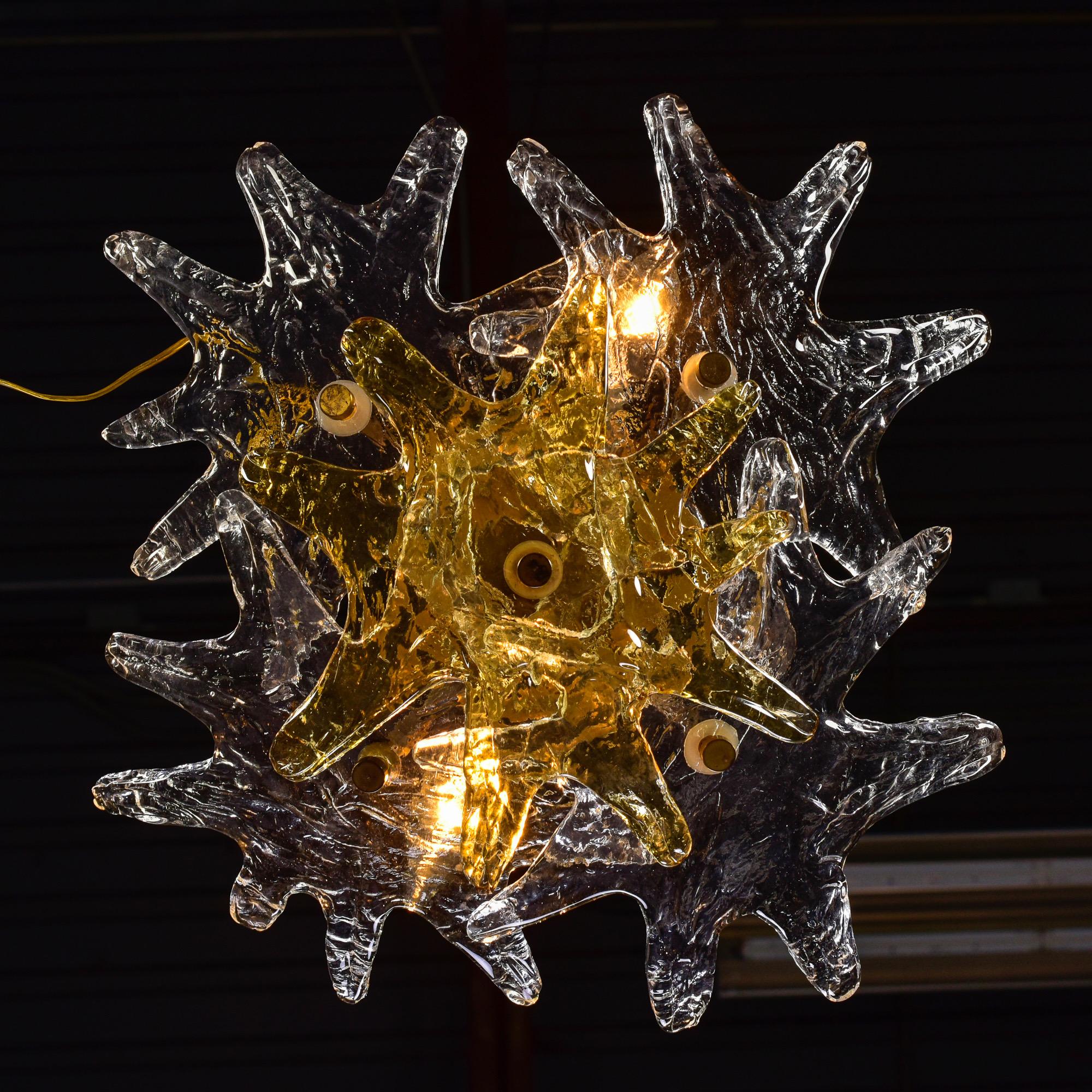 Italian Two Light Zero Quattro Mid Century Flush Mount with Clear and Amber Glass Stars