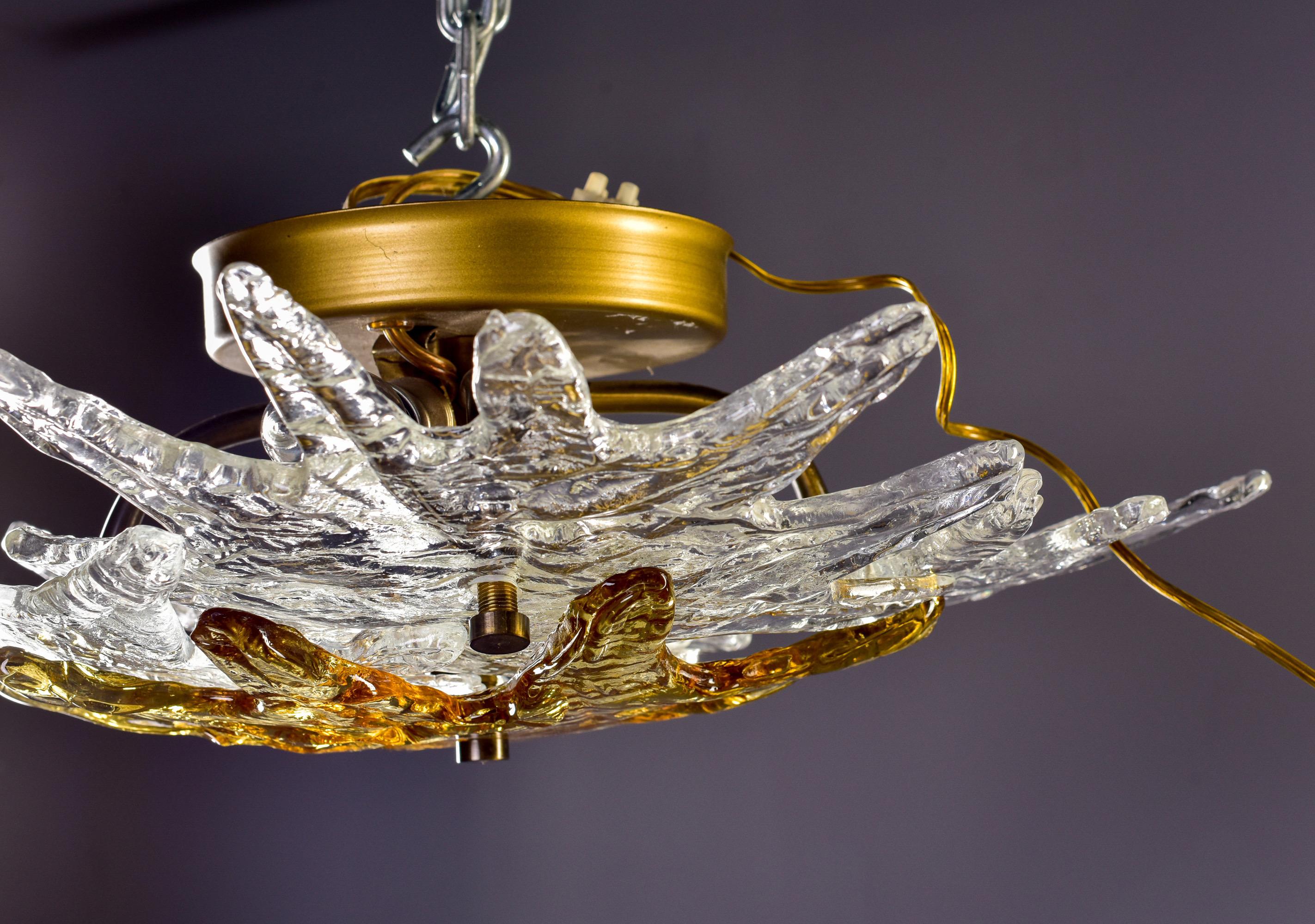 Brass Two Light Zero Quattro Mid Century Flush Mount with Clear and Amber Glass Stars