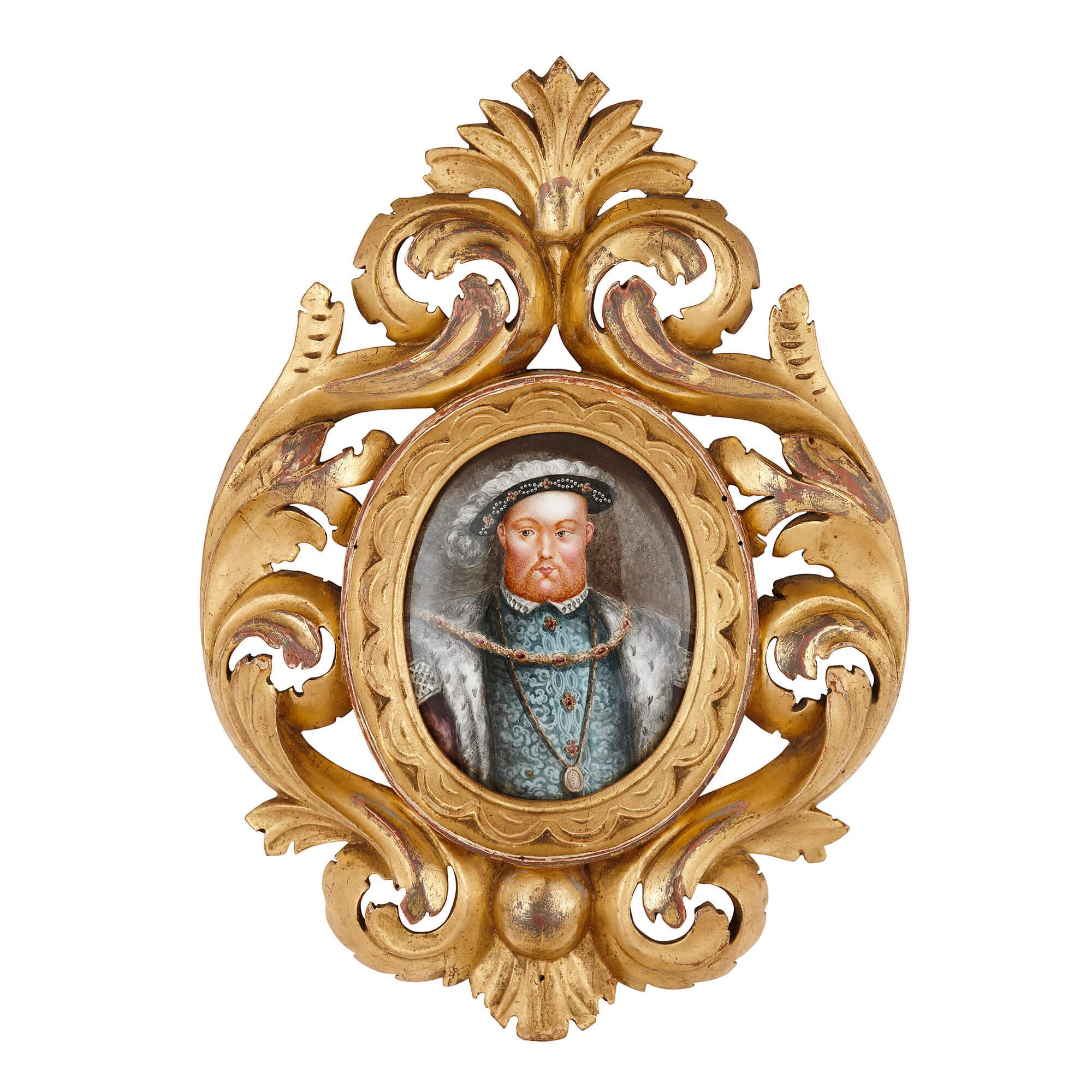 These exquisite portrait plaques were made in the French town of Limoges, which is renowned for the fine quality of its enamel wares. The panels have been painted with oval, half-length portraits of British Tudor monarchs, set within elaborate