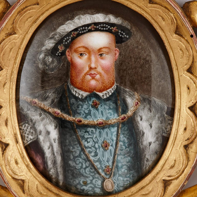 French Two Limoges Enamel Paintings Including Portrait of Henry VIII For Sale