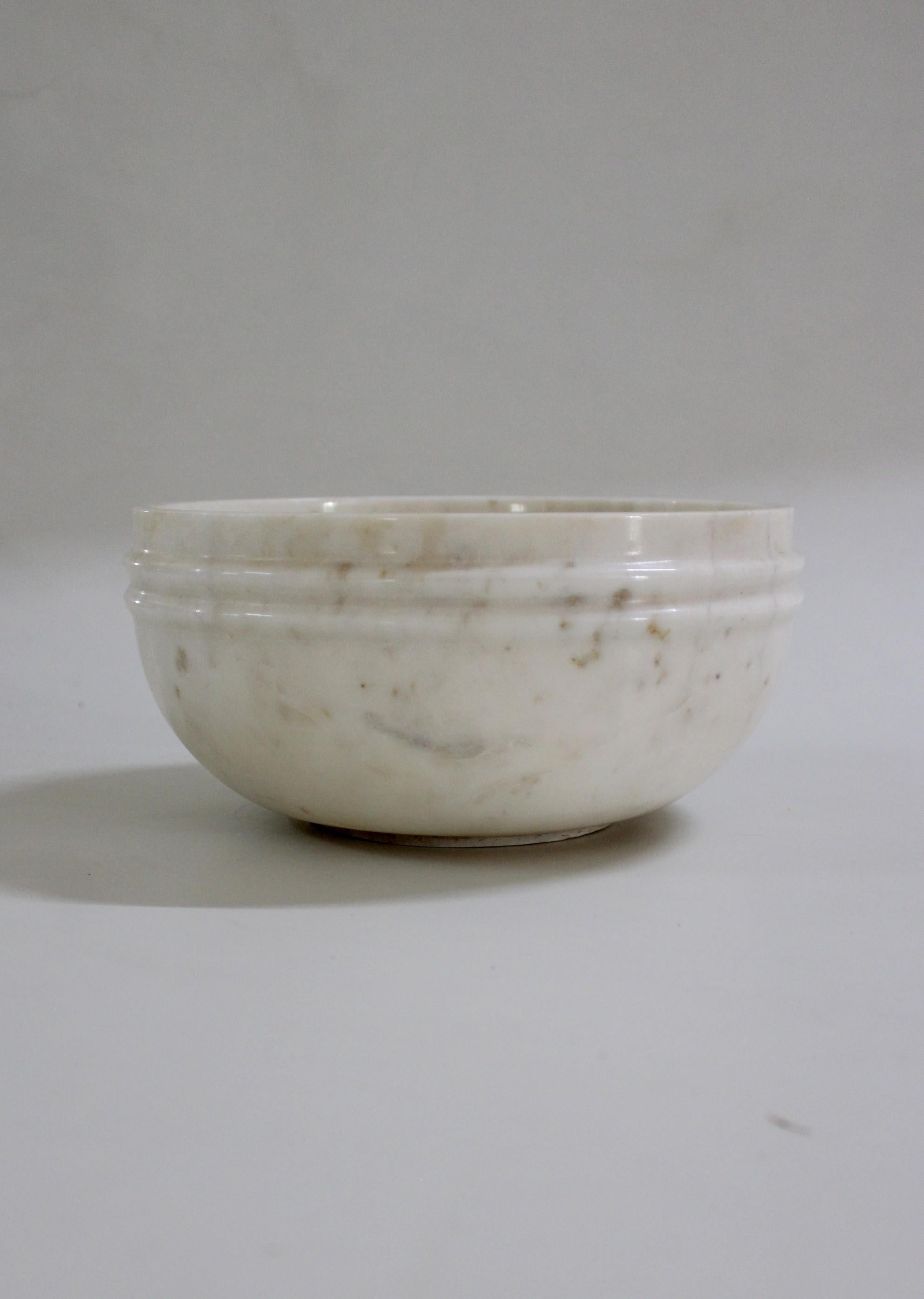 Hand-Carved Two Line Bowl in White Marble Handcrafted in India by Stephanie Odegard For Sale