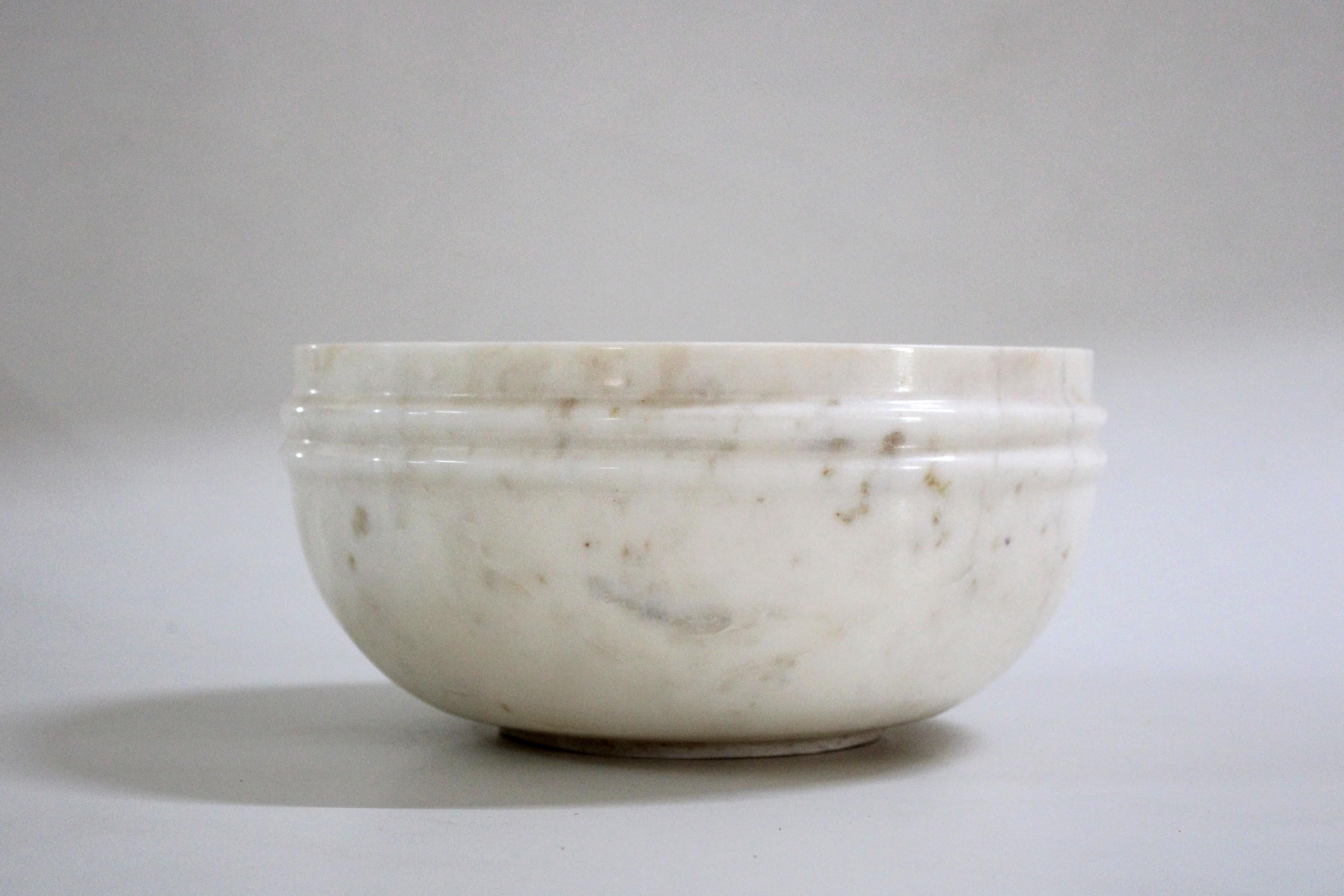 Contemporary Two Line Bowl in White Marble Handcrafted in India by Stephanie Odegard For Sale