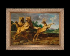 Two Lionesses Hunting a Roebuck, after Baroque Oil Painting by Frans Snyders
