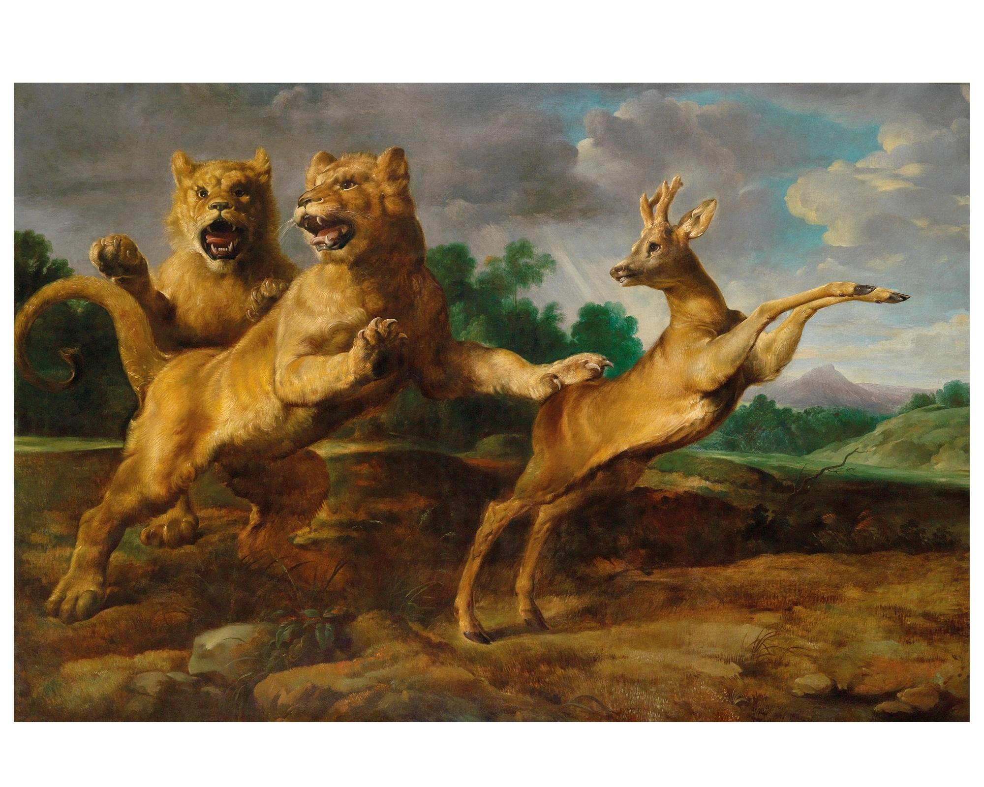 Dutch Two Lionesses Hunting a Roebuck, after Baroque Oil Painting by Frans Snyders For Sale