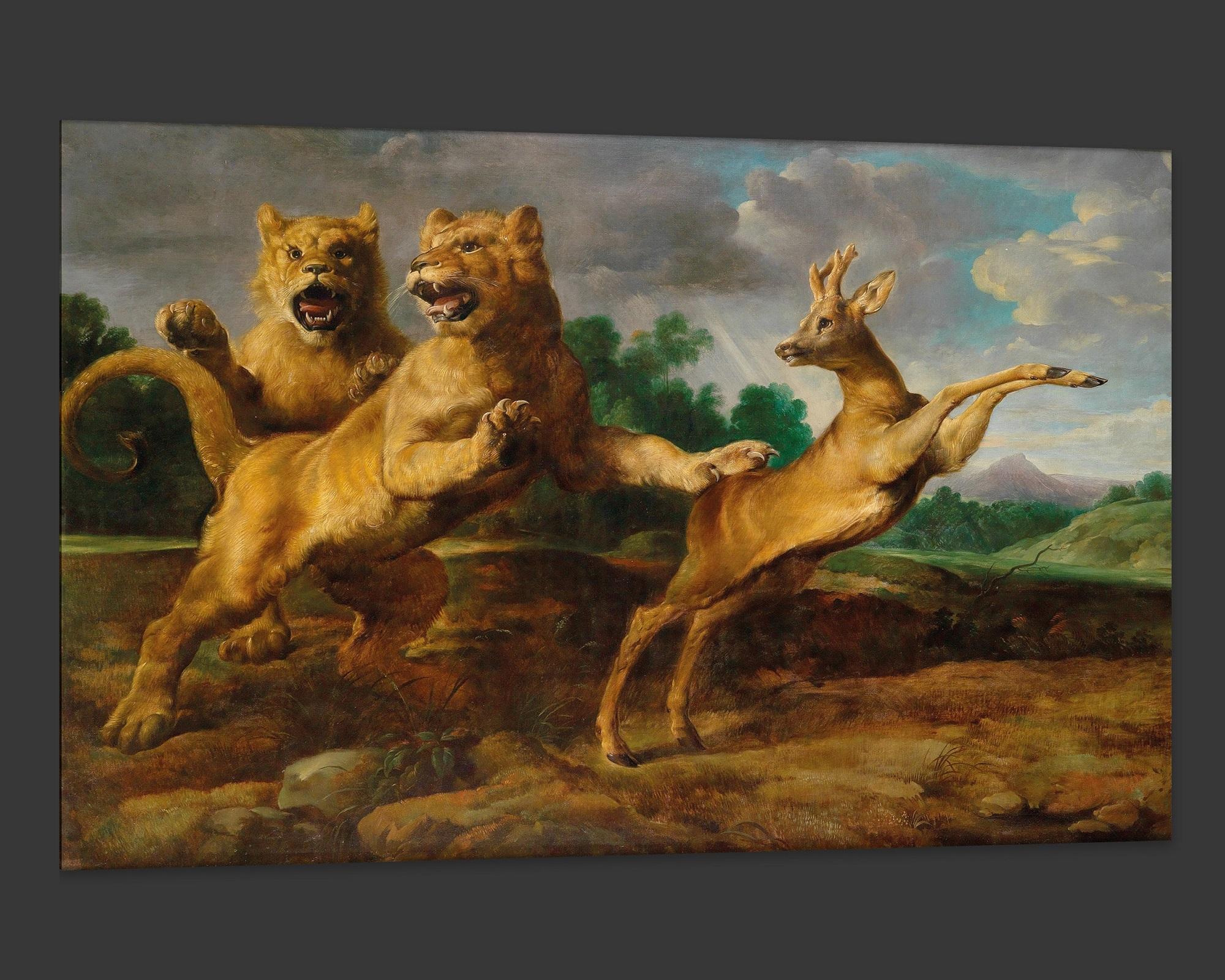 Two Lionesses Hunting a Roebuck, after Baroque Oil Painting by Frans Snyders In Excellent Condition For Sale In Fairhope, AL