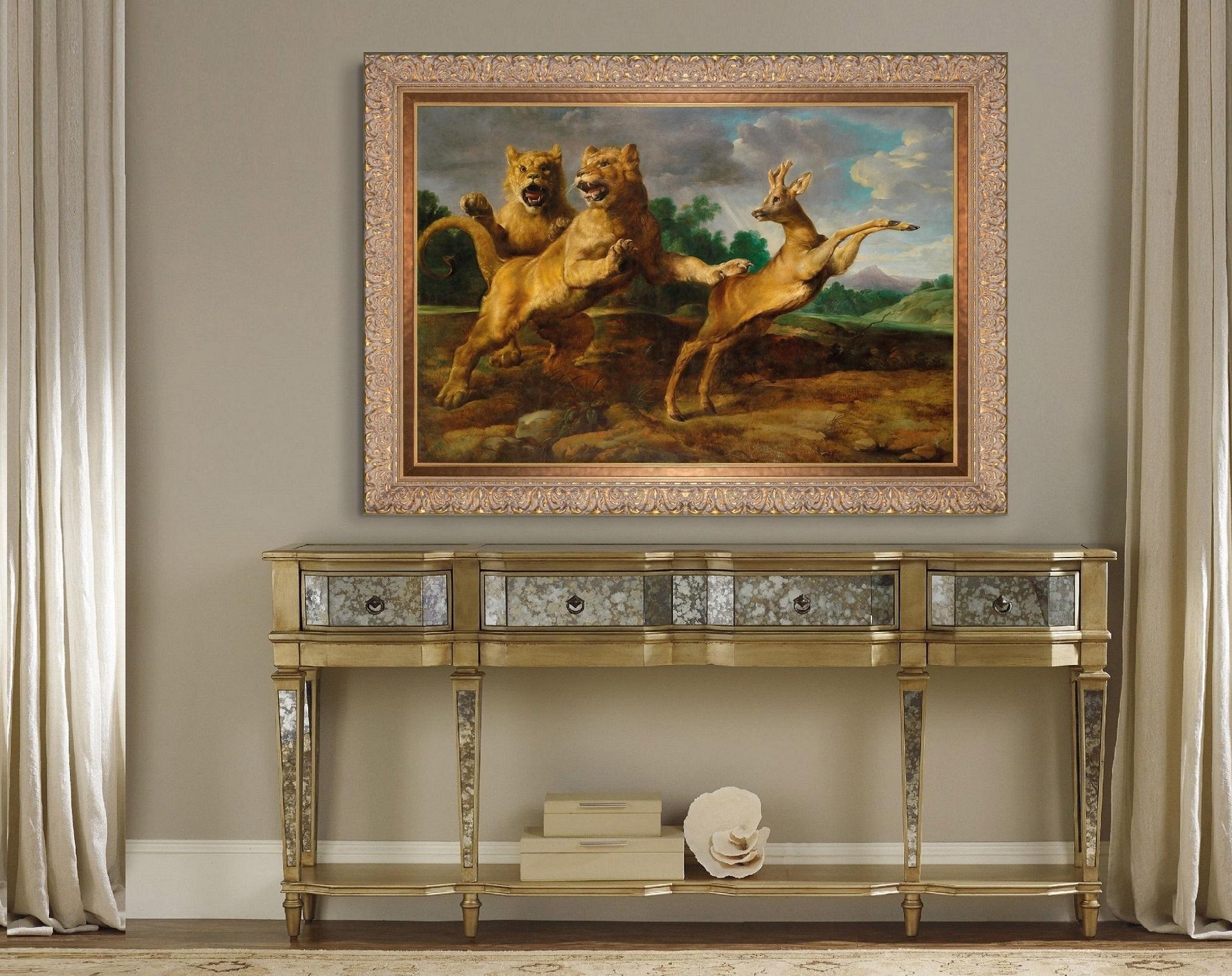Two Lionesses Hunting a Roebuck, after Baroque Oil Painting by Frans Snyders For Sale 1