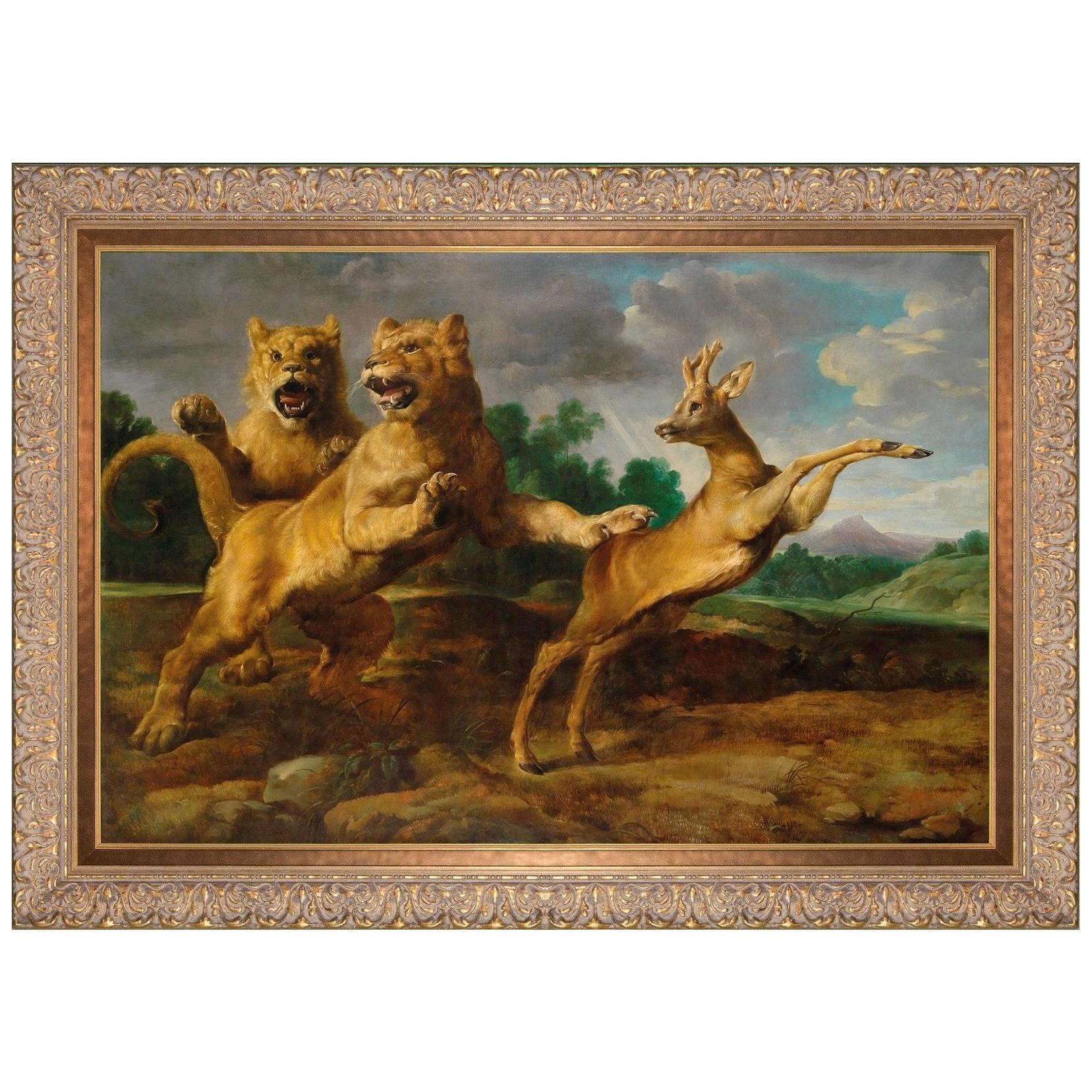 Two Lionesses Hunting a Roebuck, after Baroque Oil Painting by Frans Snyders For Sale