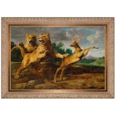 Antique Two Lionesses Hunting a Roebuck, after Baroque Oil Painting by Frans Snyders