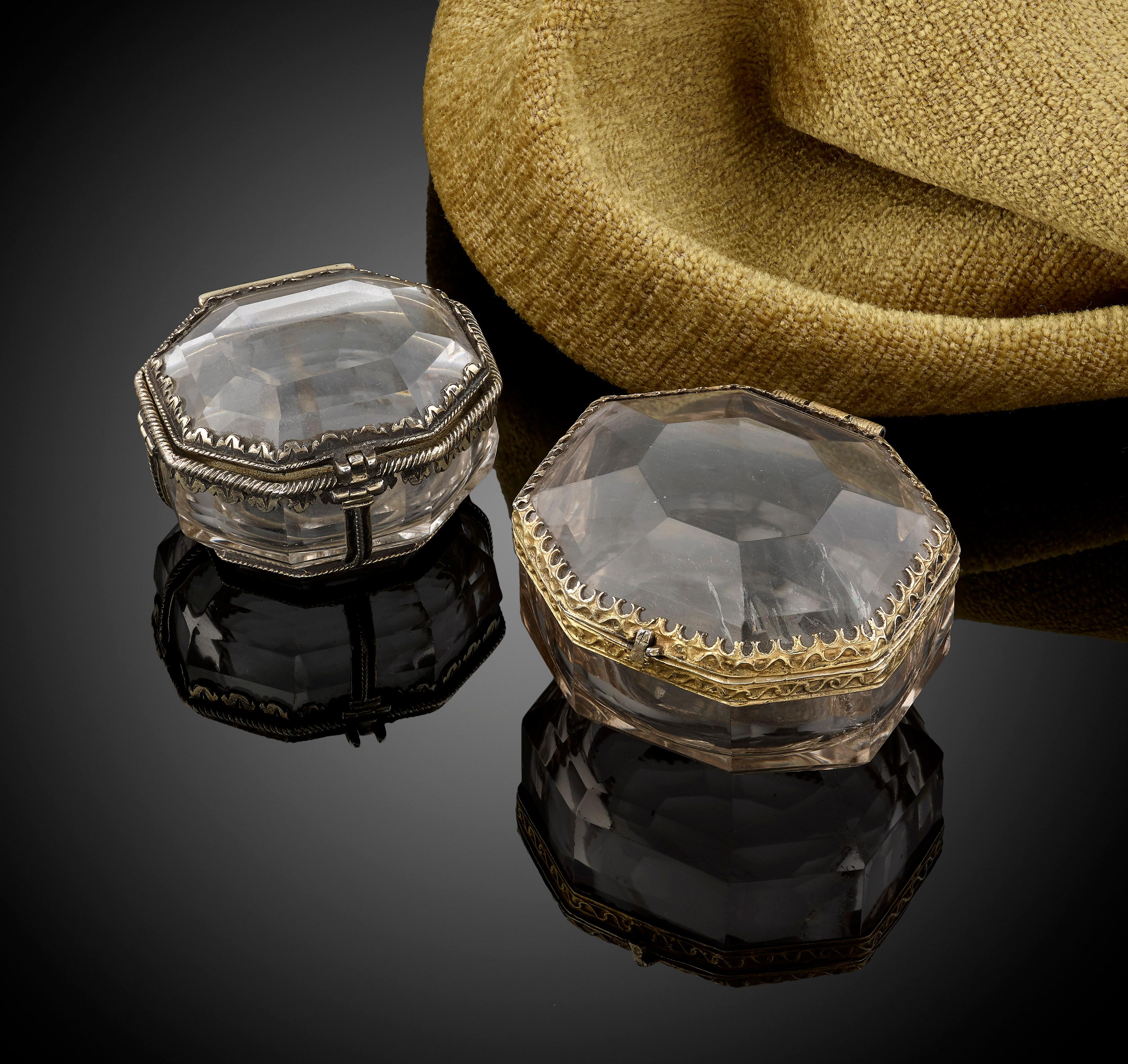 Two little rock crystal boxes with silver gilt mounts, circa 1600; probably Italian; the use of such boxes would almost certainly have been to house reliquaries; the slightly larger box measures 4.7 cms in length and the other 4 cms.
 