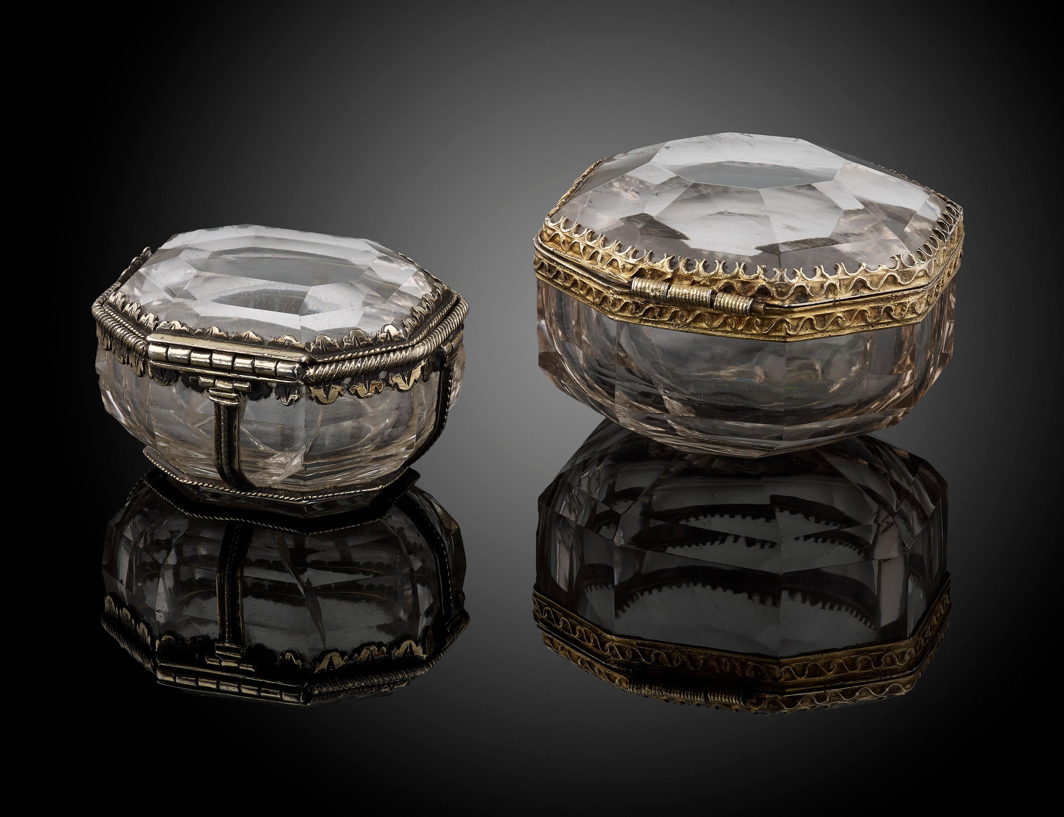 18th Century and Earlier Two Little Rock Crystal Boxes with Silver Gilt Mounts, circa 1600 For Sale
