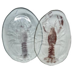 Antique Two Lobster Plates in Clear Glass, Sweden, Mid-20th Century
