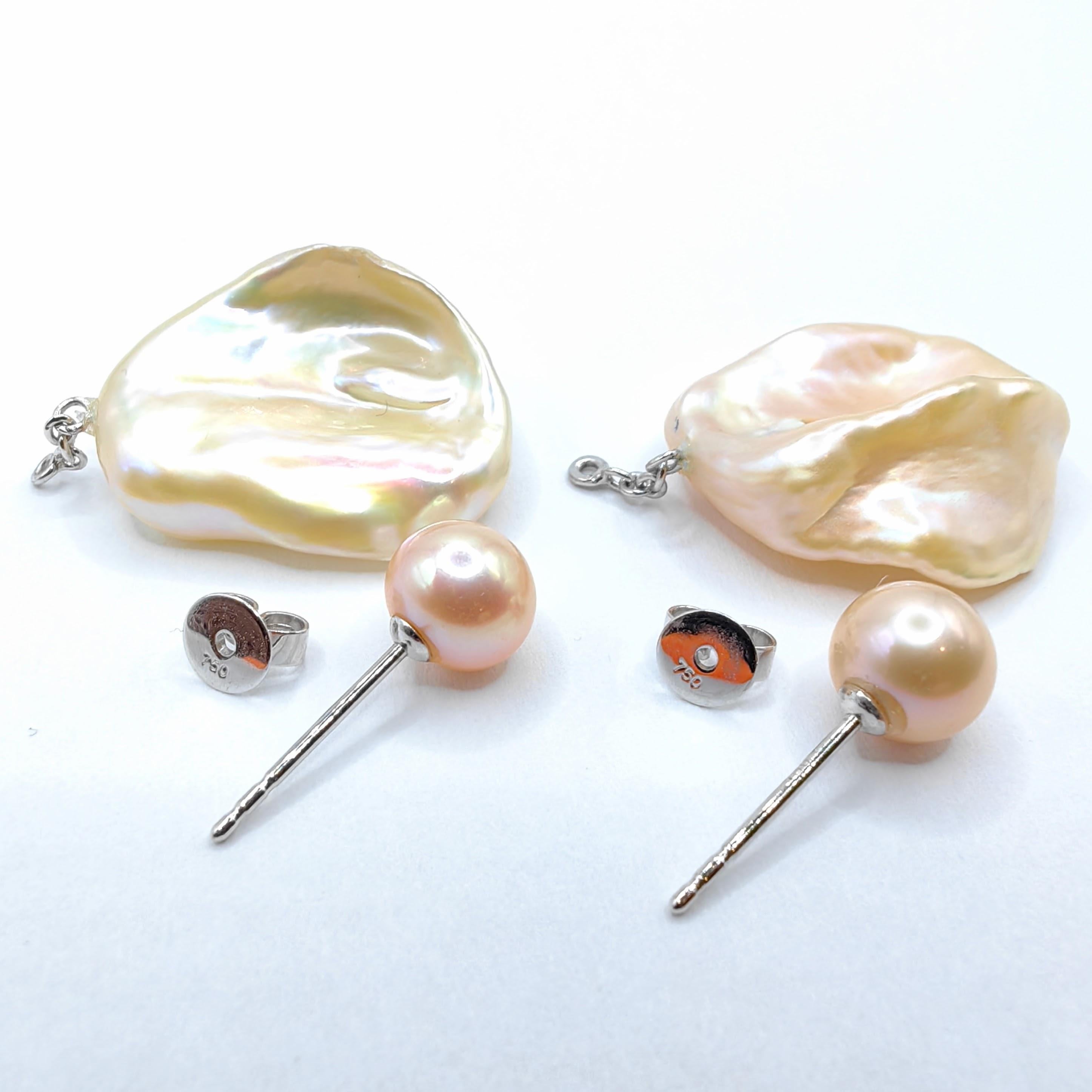 Orecchini con perla champagne e perla Keshi in oro bianco 18K in vendita 1
