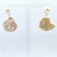 Two-look White Pink Peach Pearl Stud & Keshi Pearl 18K White Gold Drop Earrings