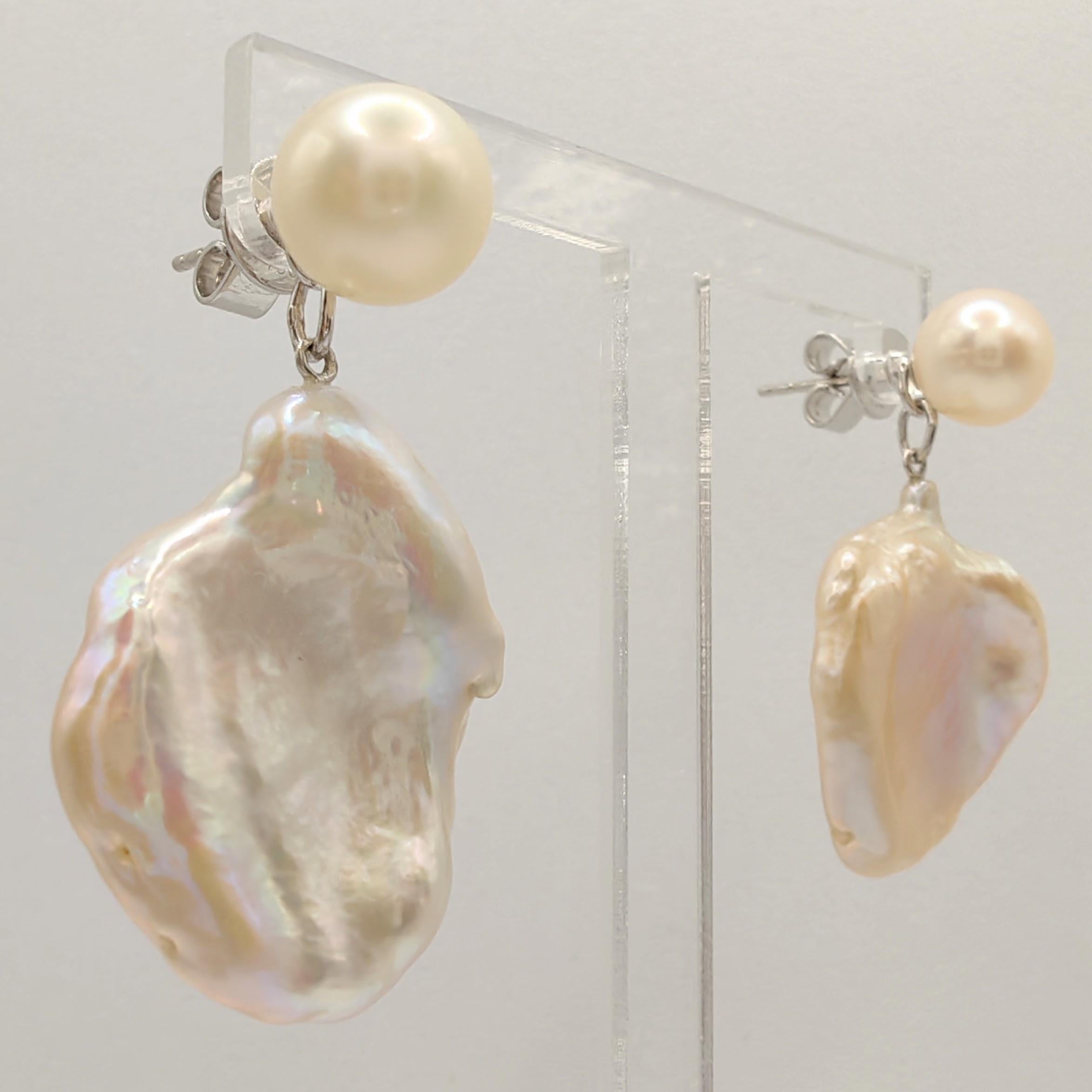 Uncut Two-look White Pink Peach Pearl Stud & Keshi Pearl 18K White Gold Drop Earrings For Sale