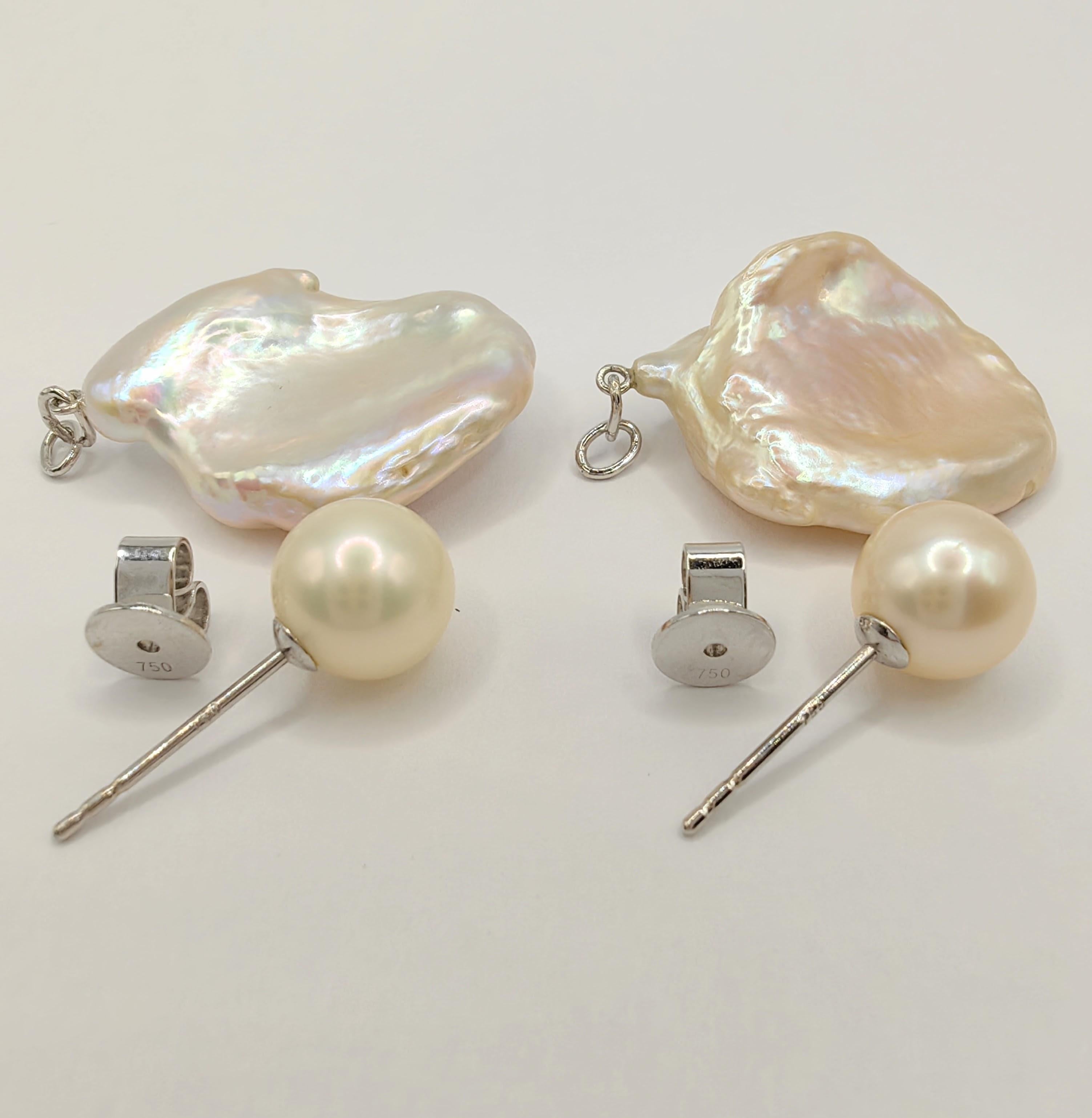 Women's Two-look White Pink Peach Pearl Stud & Keshi Pearl 18K White Gold Drop Earrings For Sale