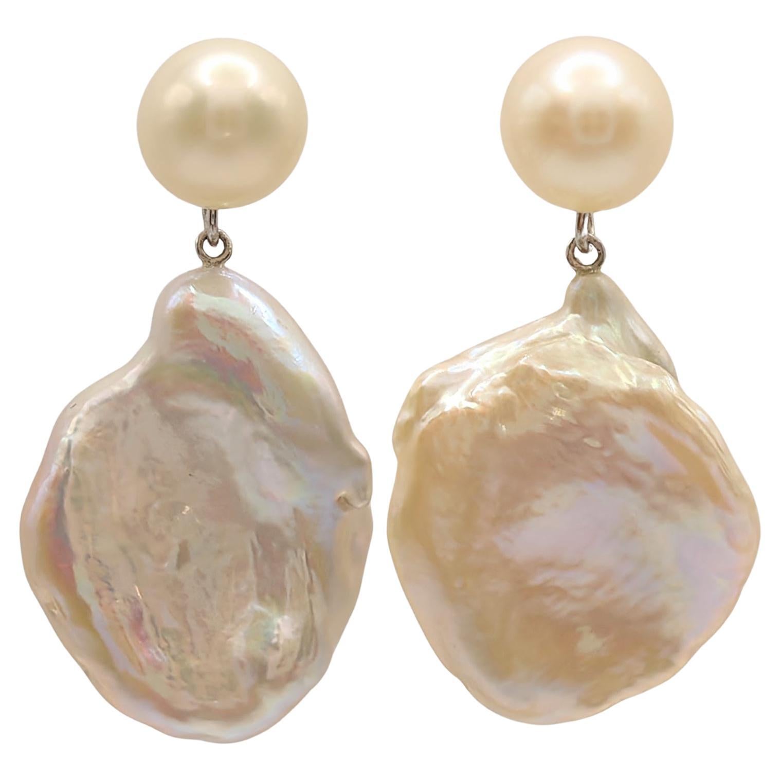 Two-look White Pink Peach Pearl Stud & Keshi Pearl 18K White Gold Drop Earrings For Sale