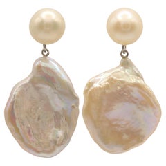 Two-look White Pink Peach Pearl Stud & Keshi Pearl 18K White Gold Drop Earrings