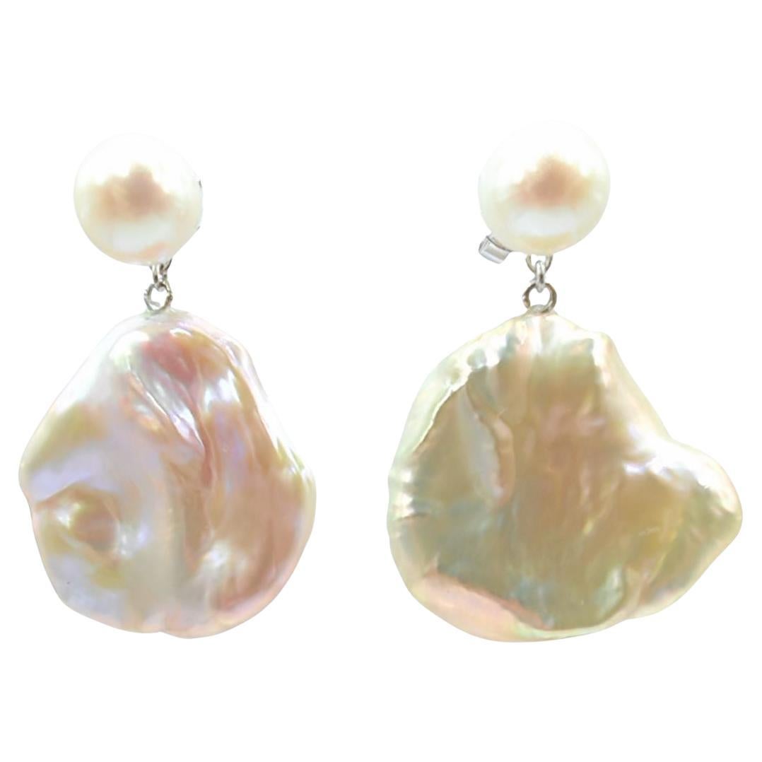 Two-look White Pink Peach Pearl Stud & Keshi Pearl 18K White Gold Drop Earrings
