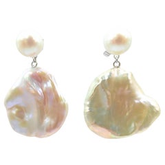 Two-look White Pink Peach Pearl Stud & Keshi Pearl 18K White Gold Drop Earrings