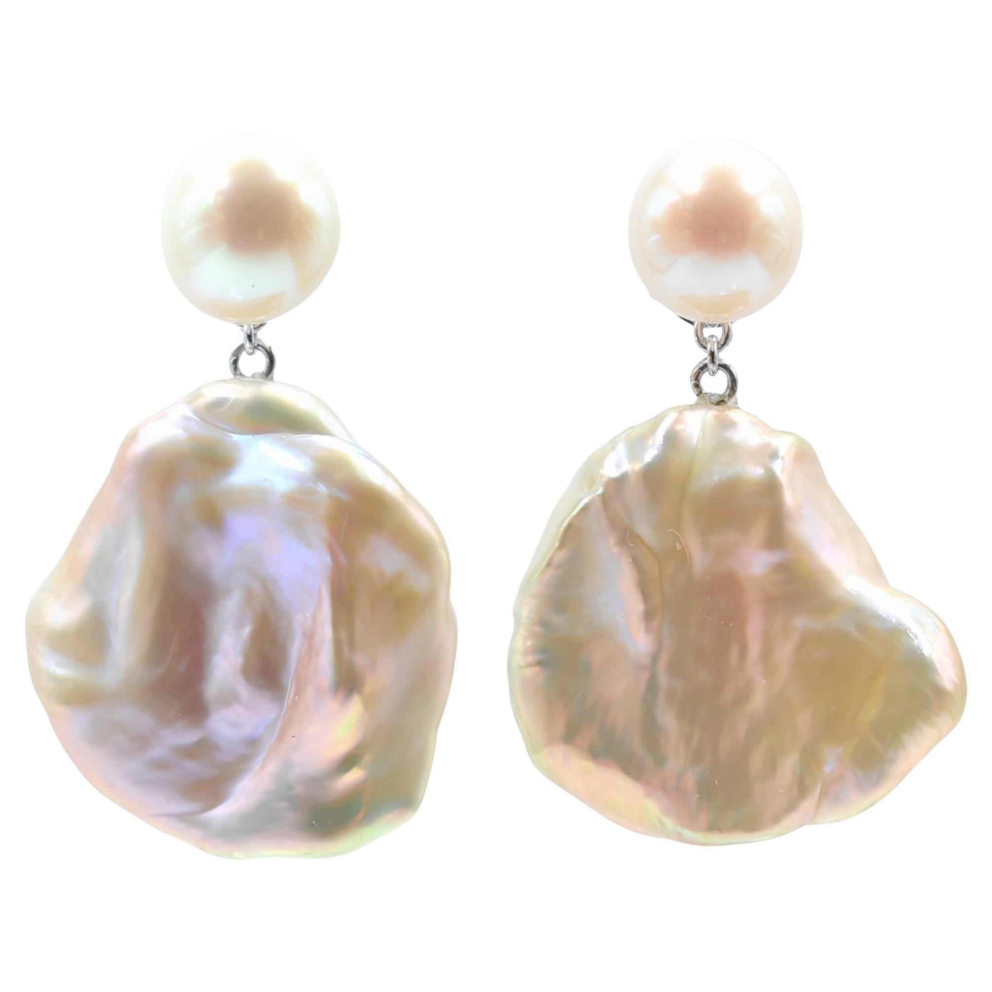 Two-look White Pink Peach Pearl Stud & Keshi Pearl 18K White Gold Drop Earrings For Sale