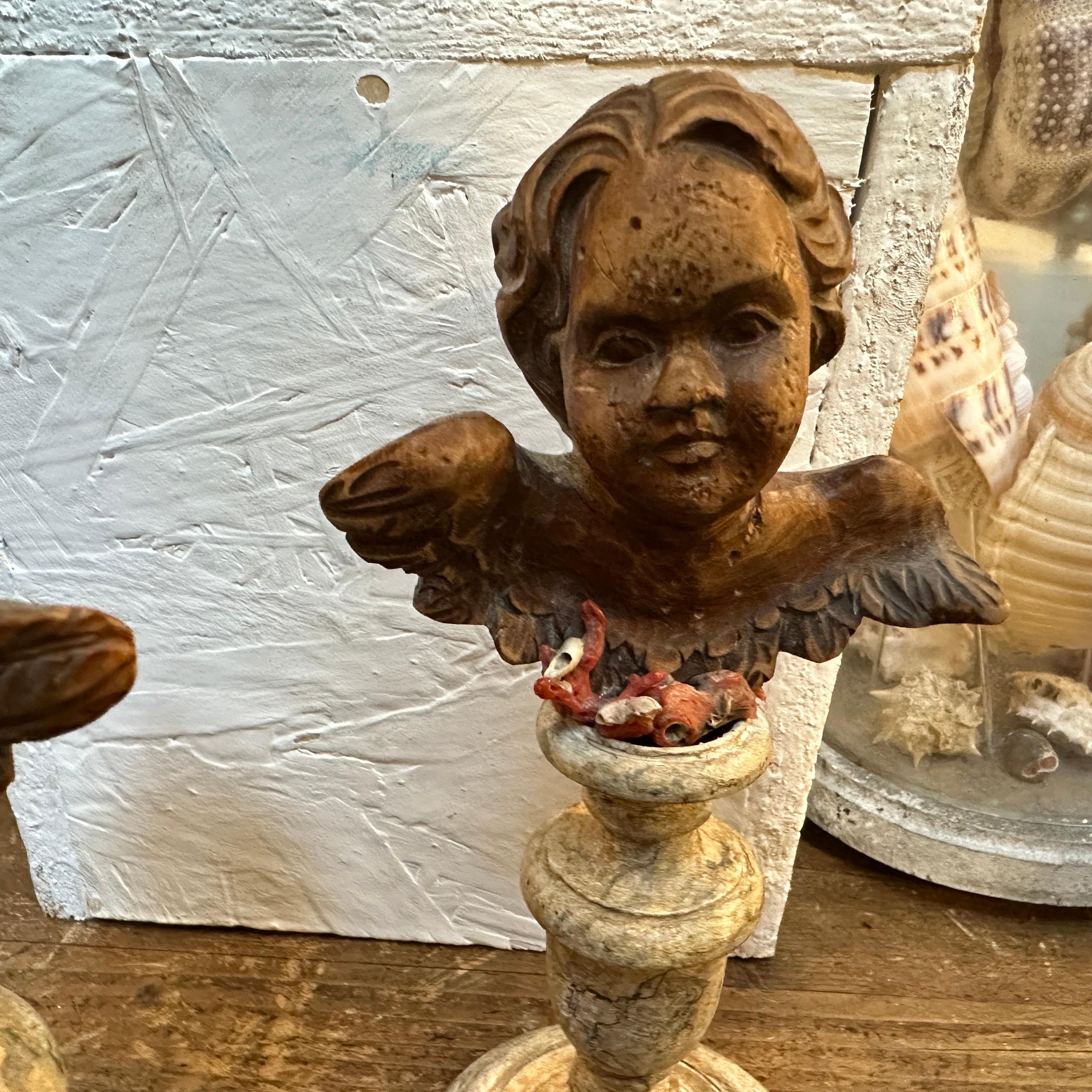 Hand-Carved Two Louis Philippe Sicilian Wood Angels on Lacquered Wood Bases For Sale