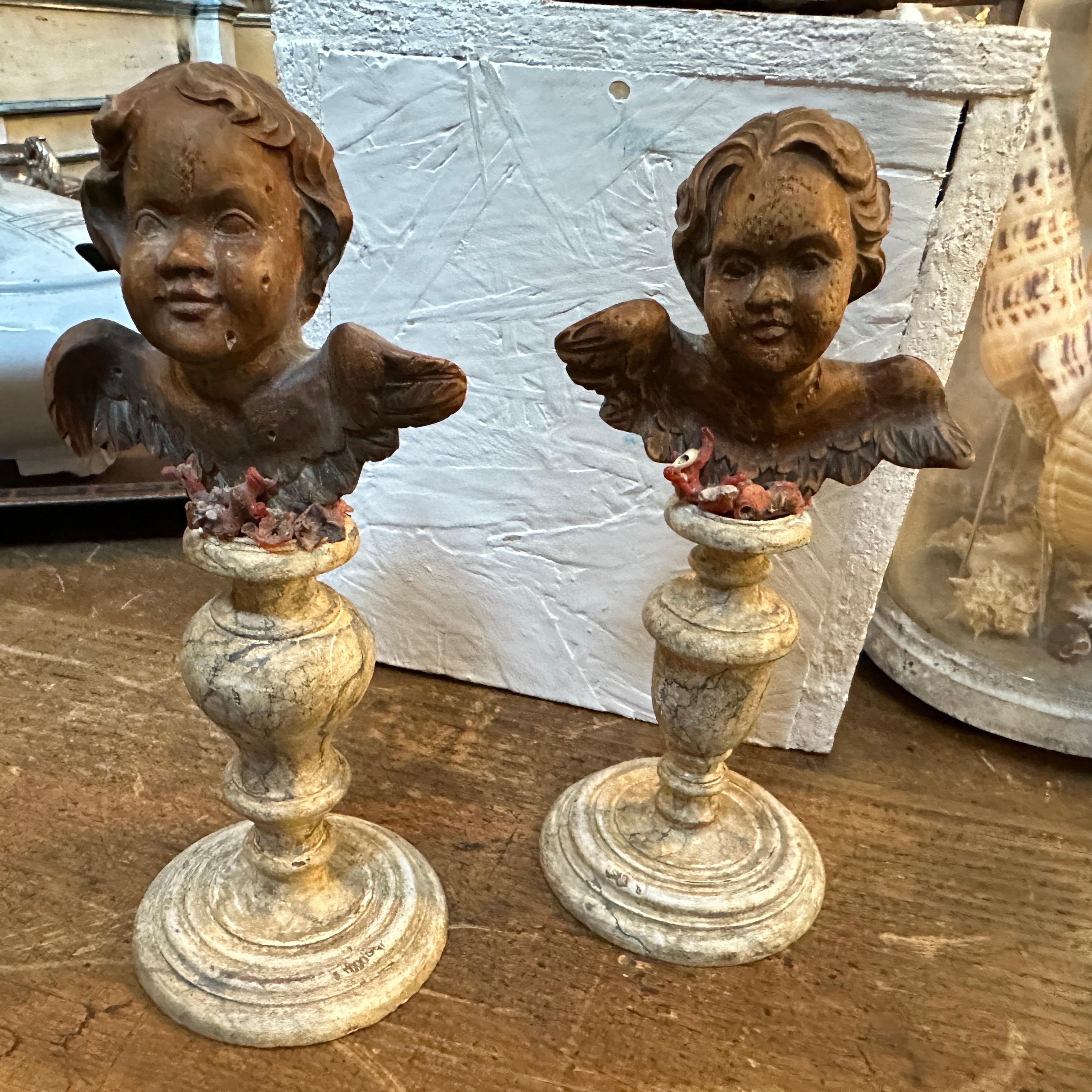 19th Century Two Louis Philippe Sicilian Wood Angels on Lacquered Wood Bases For Sale