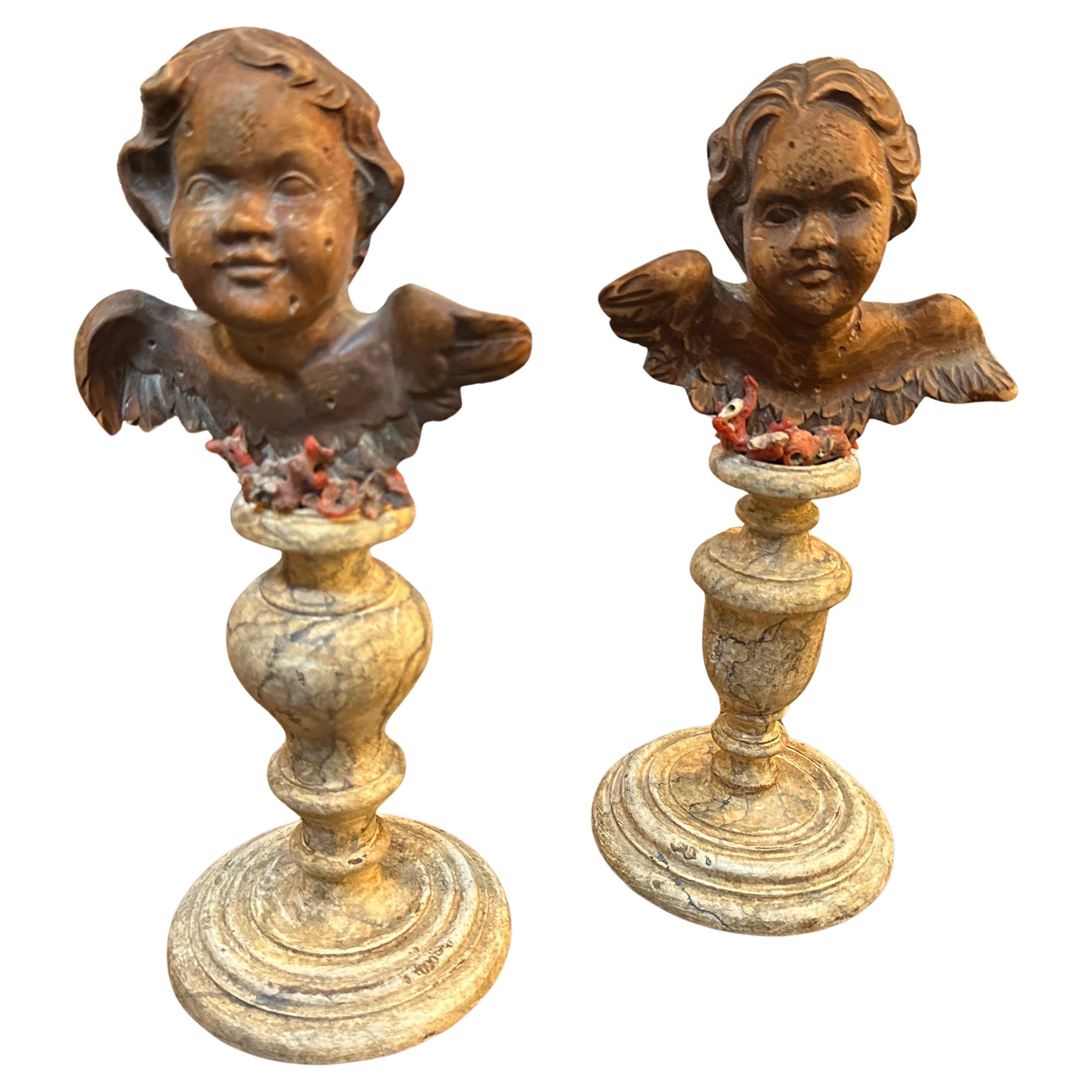 Two Louis Philippe Sicilian Wood Angels on Lacquered Wood Bases For Sale