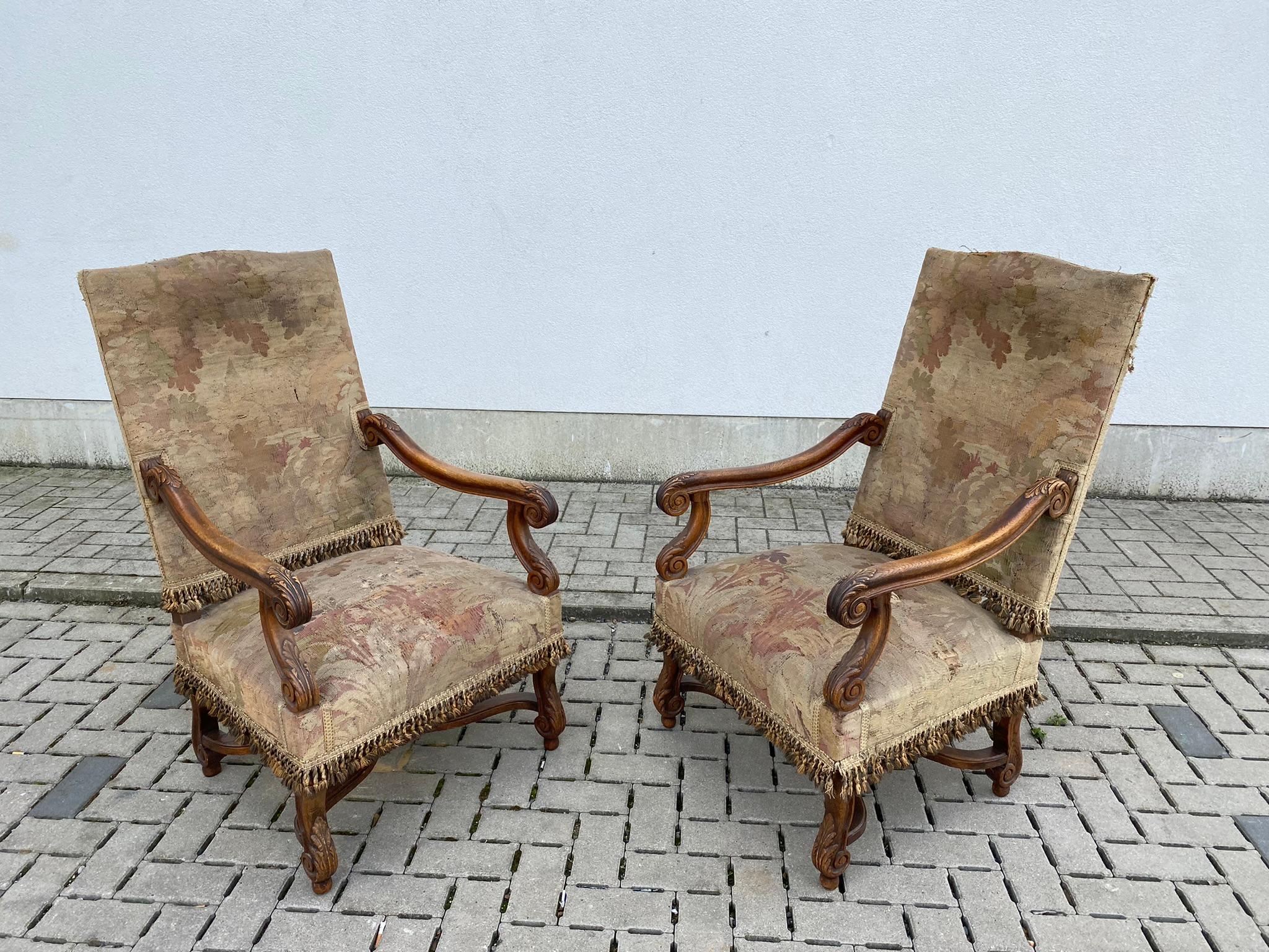 Two Louis XIII style armchairs, circa 1900.
 