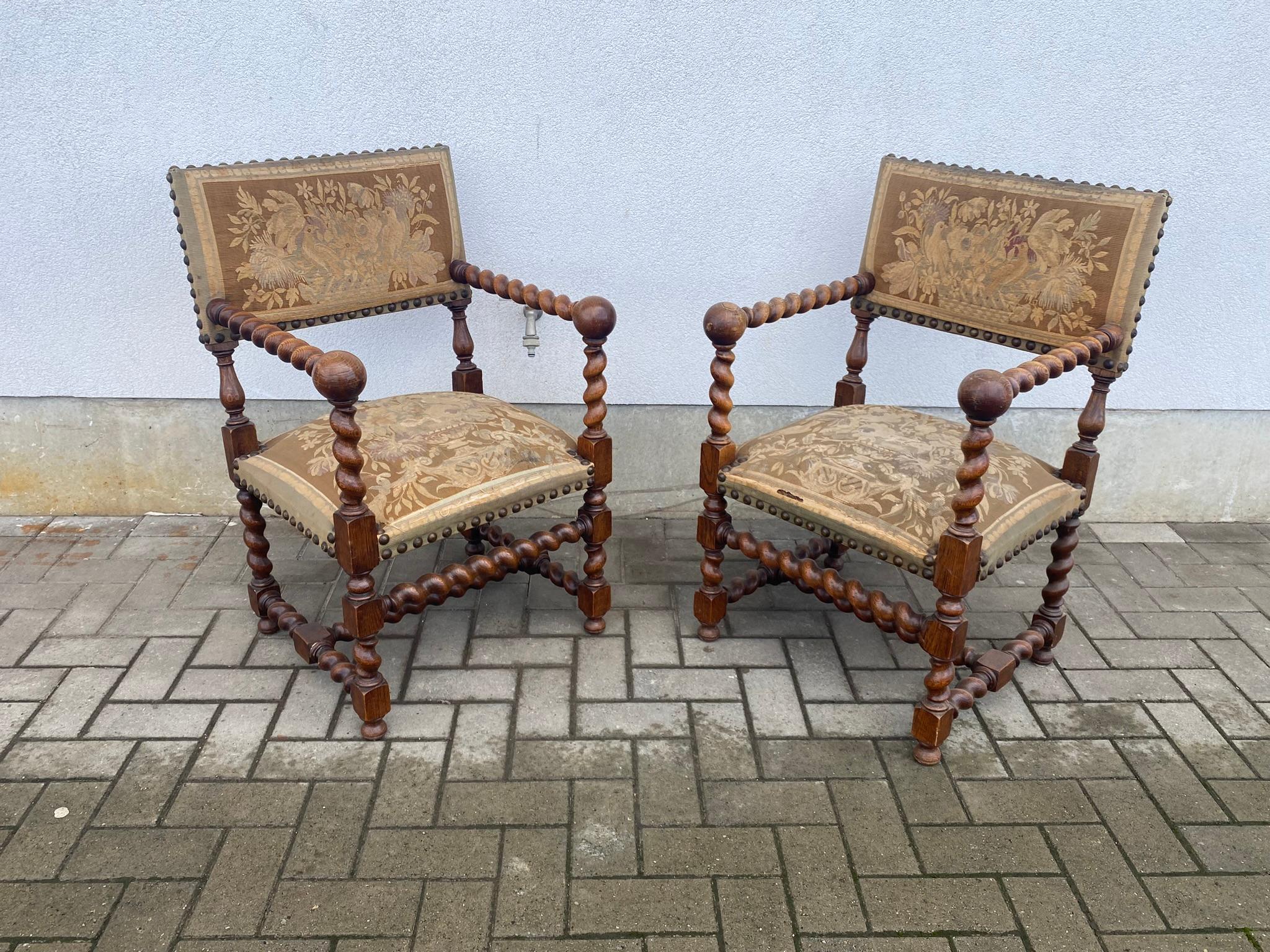 French Two Louis XIII Style Armchairs, circa 1900 For Sale