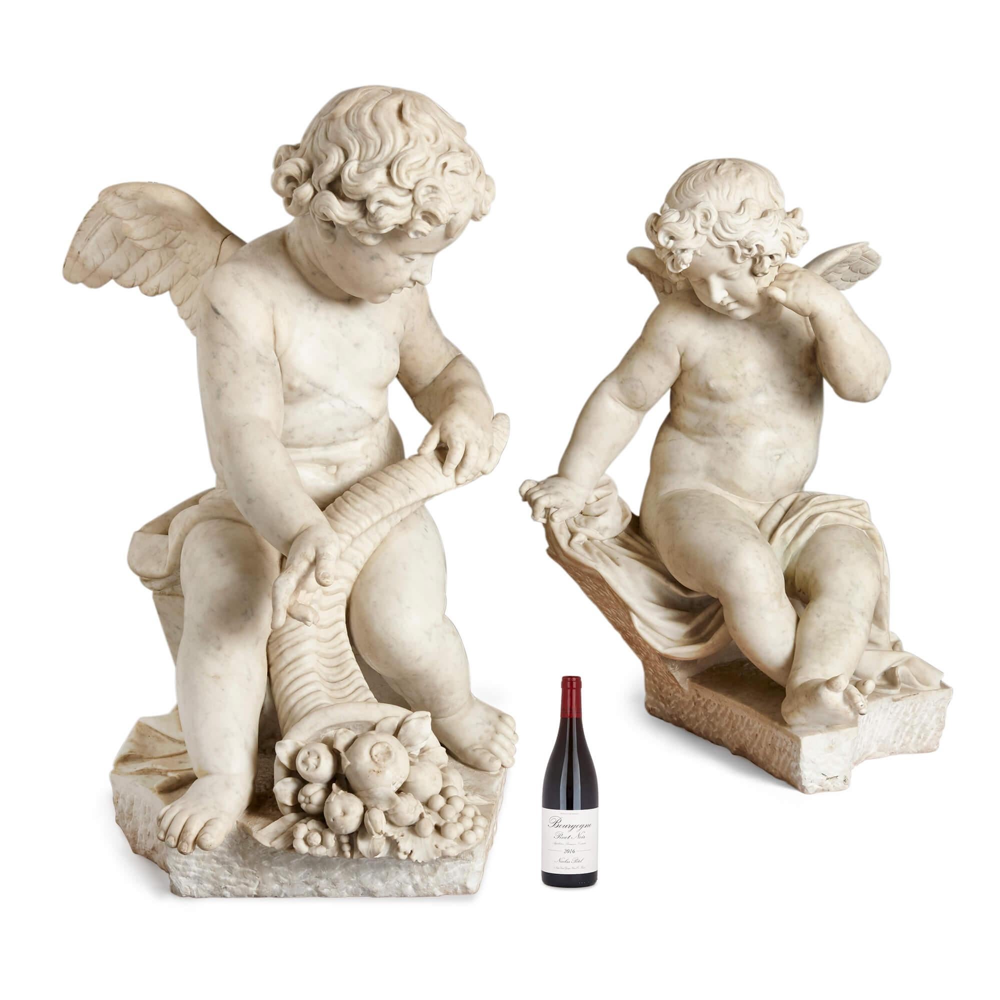 Two Louis XV Period Rococo Style Marble Sculptures of Cherubs In Good Condition For Sale In London, GB